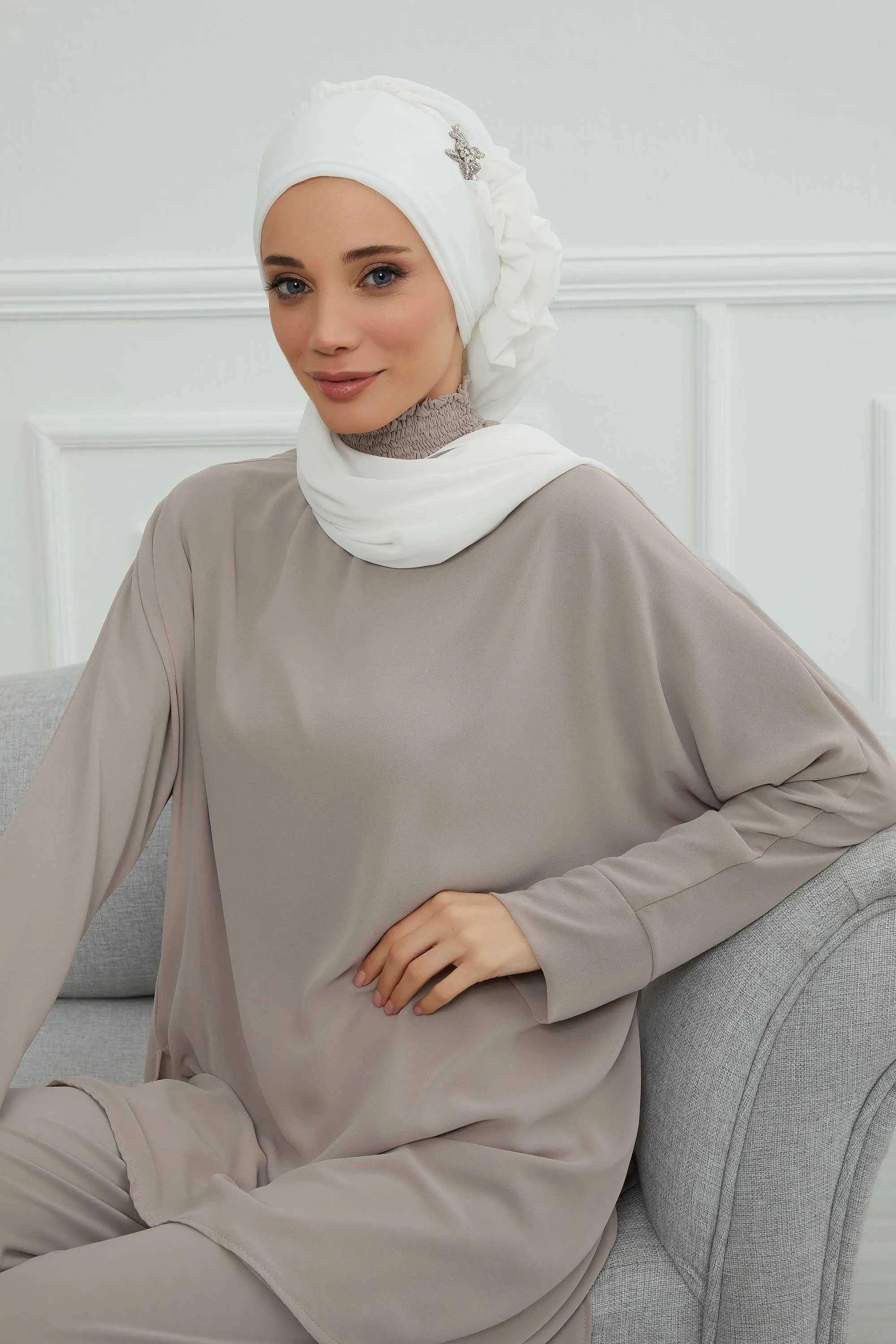Side Frilled Instant Turban Cotton Scarf Head Turbans with Unique Jewellery Stone Accessory For Women Headwear Stylish Elegant Design,HT-106
