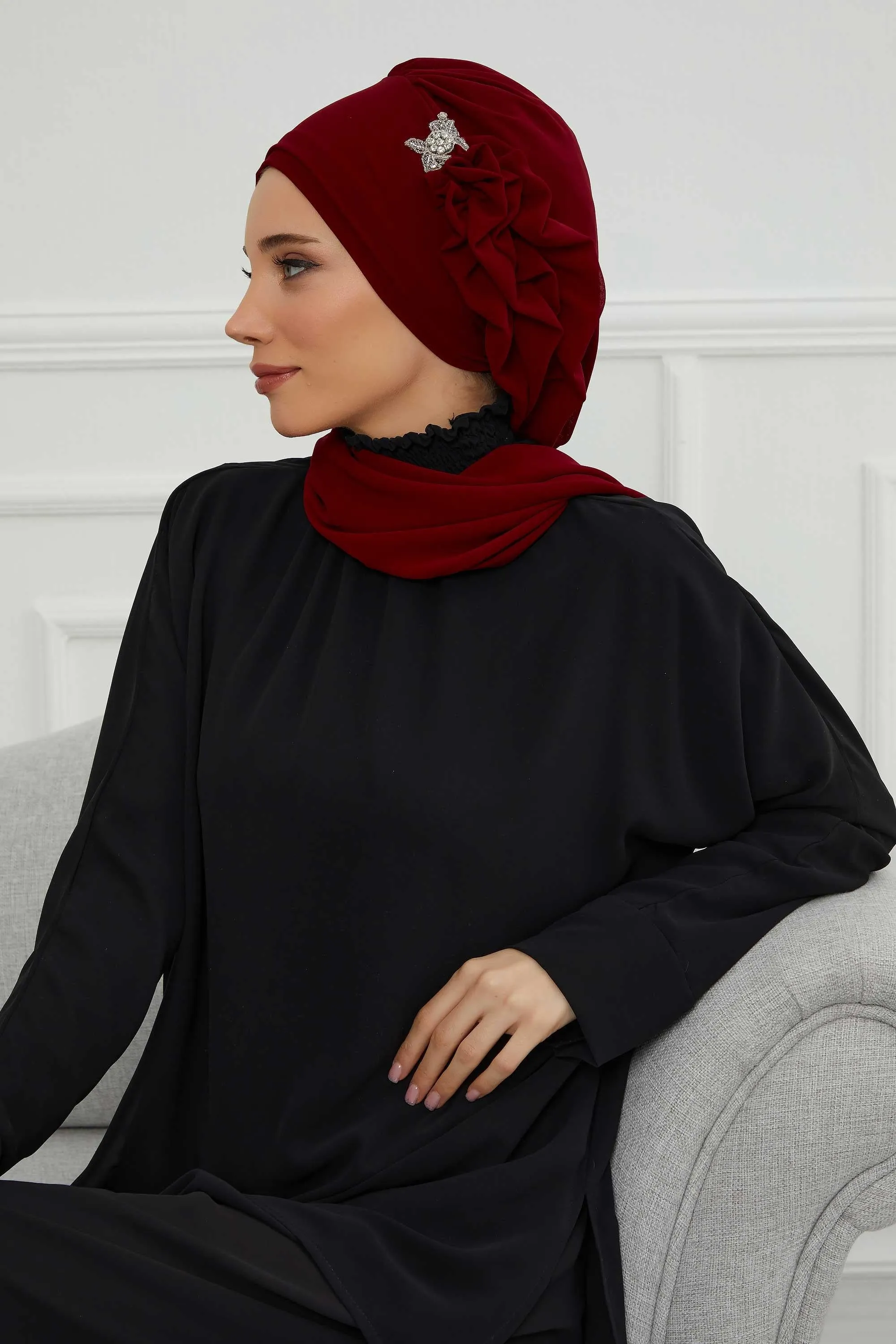 Side Frilled Instant Turban Cotton Scarf Head Turbans with Unique Jewellery Stone Accessory For Women Headwear Stylish Elegant Design,HT-106