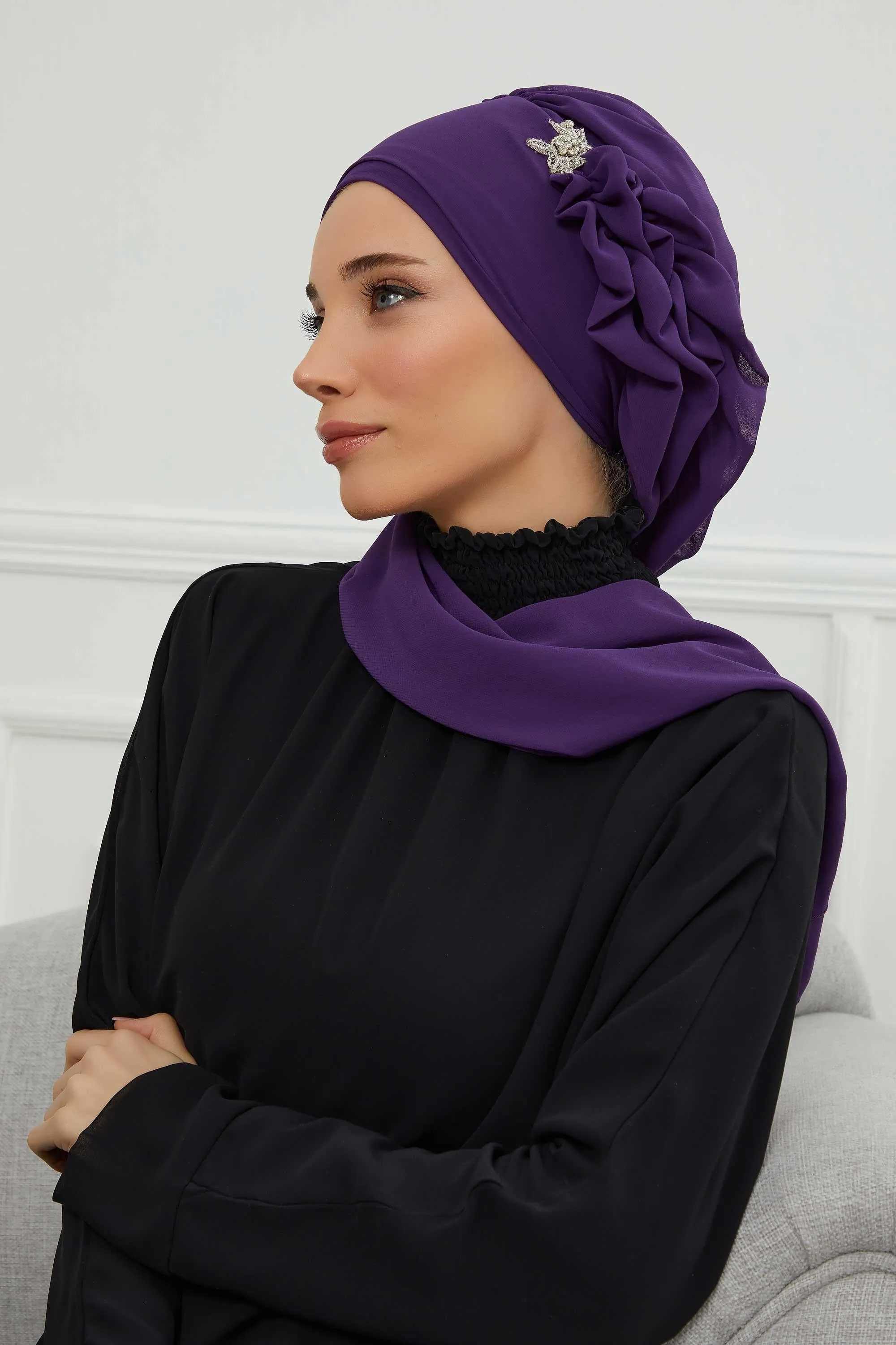 Side Frilled Instant Turban Cotton Scarf Head Turbans with Unique Jewellery Stone Accessory For Women Headwear Stylish Elegant Design,HT-106