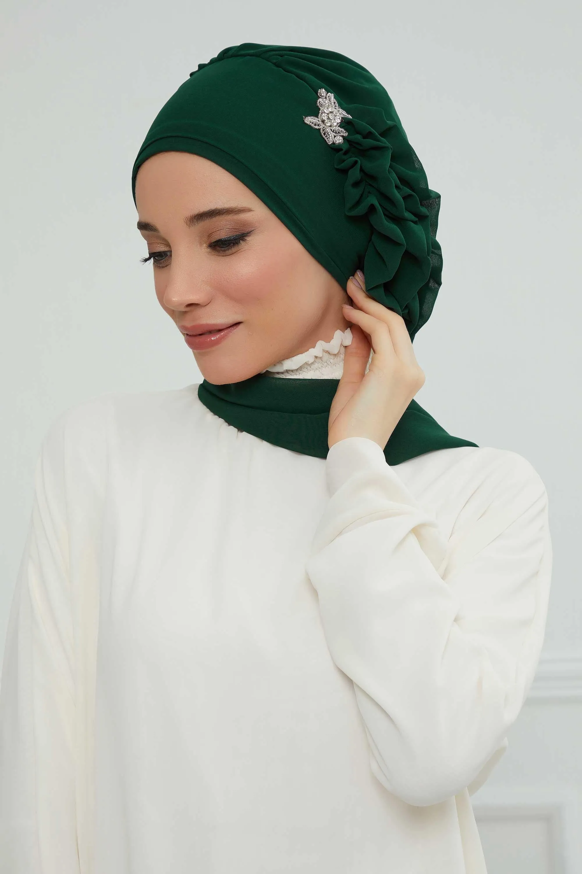 Side Frilled Instant Turban Cotton Scarf Head Turbans with Unique Jewellery Stone Accessory For Women Headwear Stylish Elegant Design,HT-106