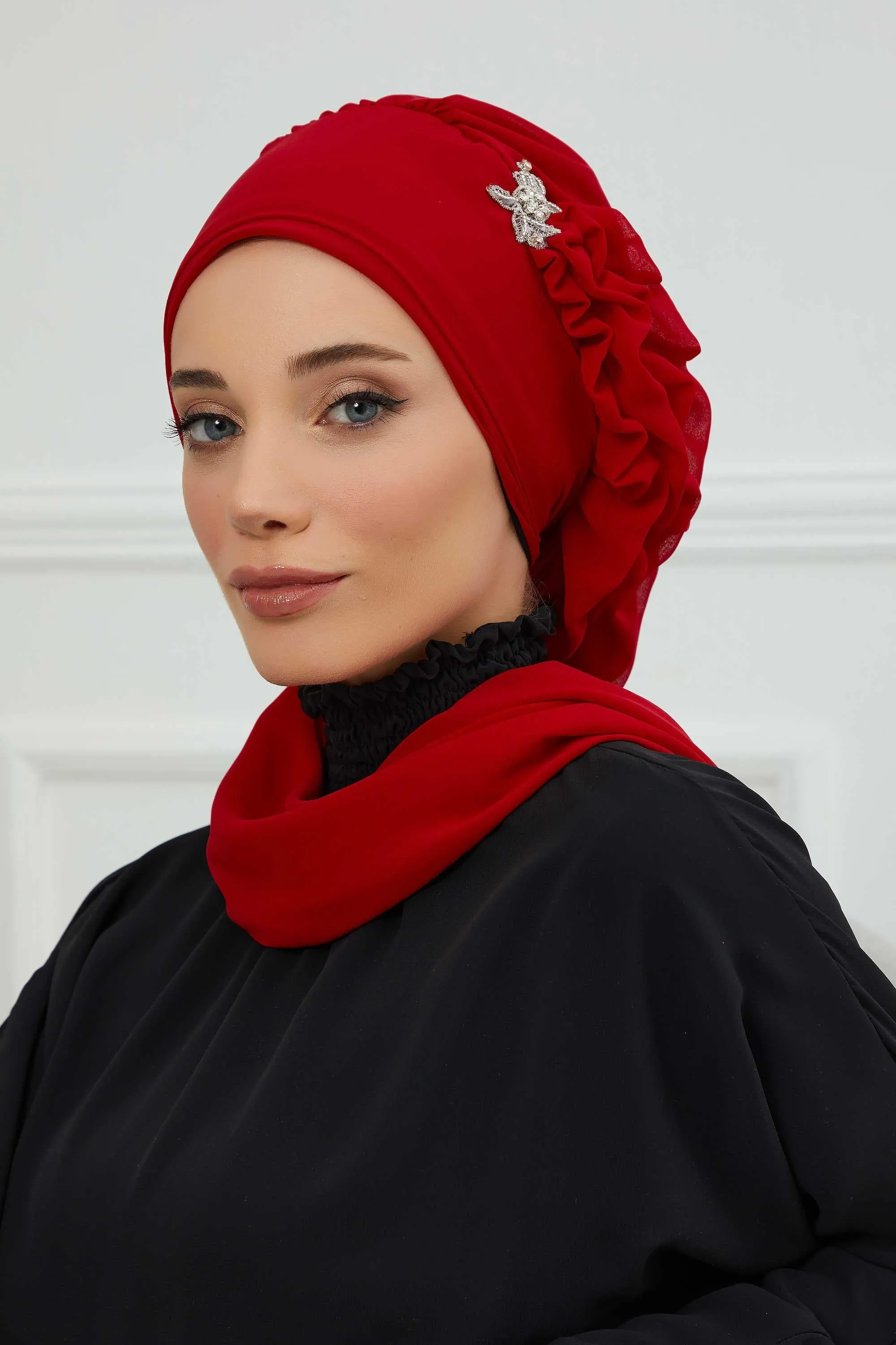 Side Frilled Instant Turban Cotton Scarf Head Turbans with Unique Jewellery Stone Accessory For Women Headwear Stylish Elegant Design,HT-106