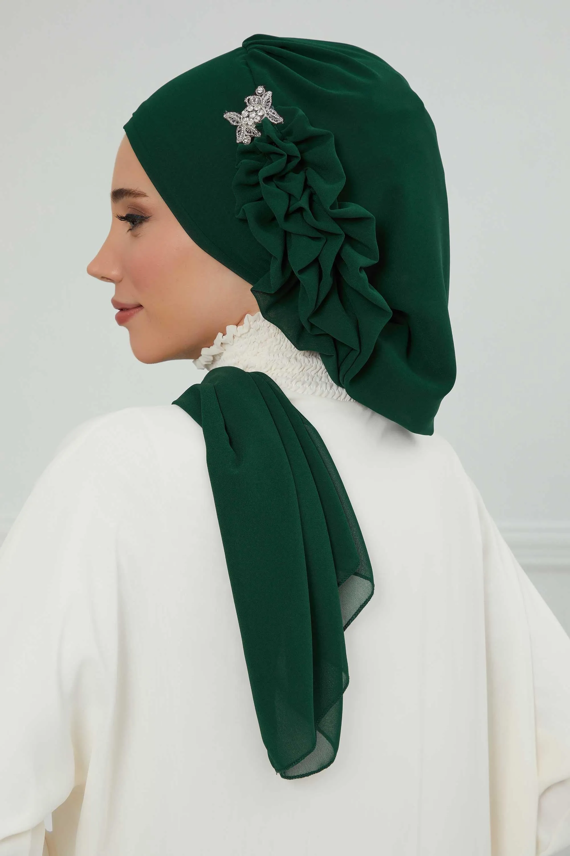 Side Frilled Instant Turban Cotton Scarf Head Turbans with Unique Jewellery Stone Accessory For Women Headwear Stylish Elegant Design,HT-106