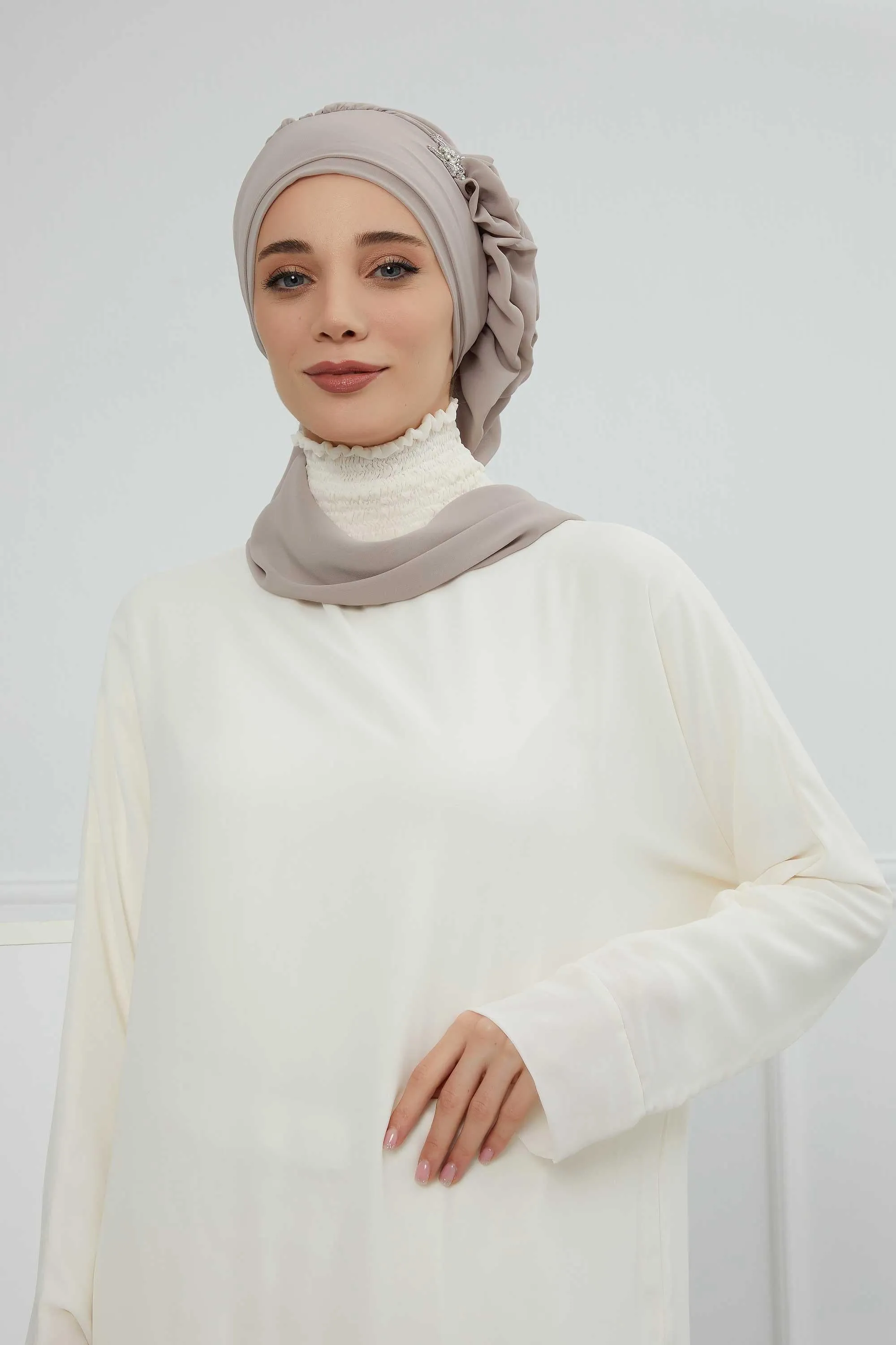 Side Frilled Instant Turban Cotton Scarf Head Turbans with Unique Jewellery Stone Accessory For Women Headwear Stylish Elegant Design,HT-106