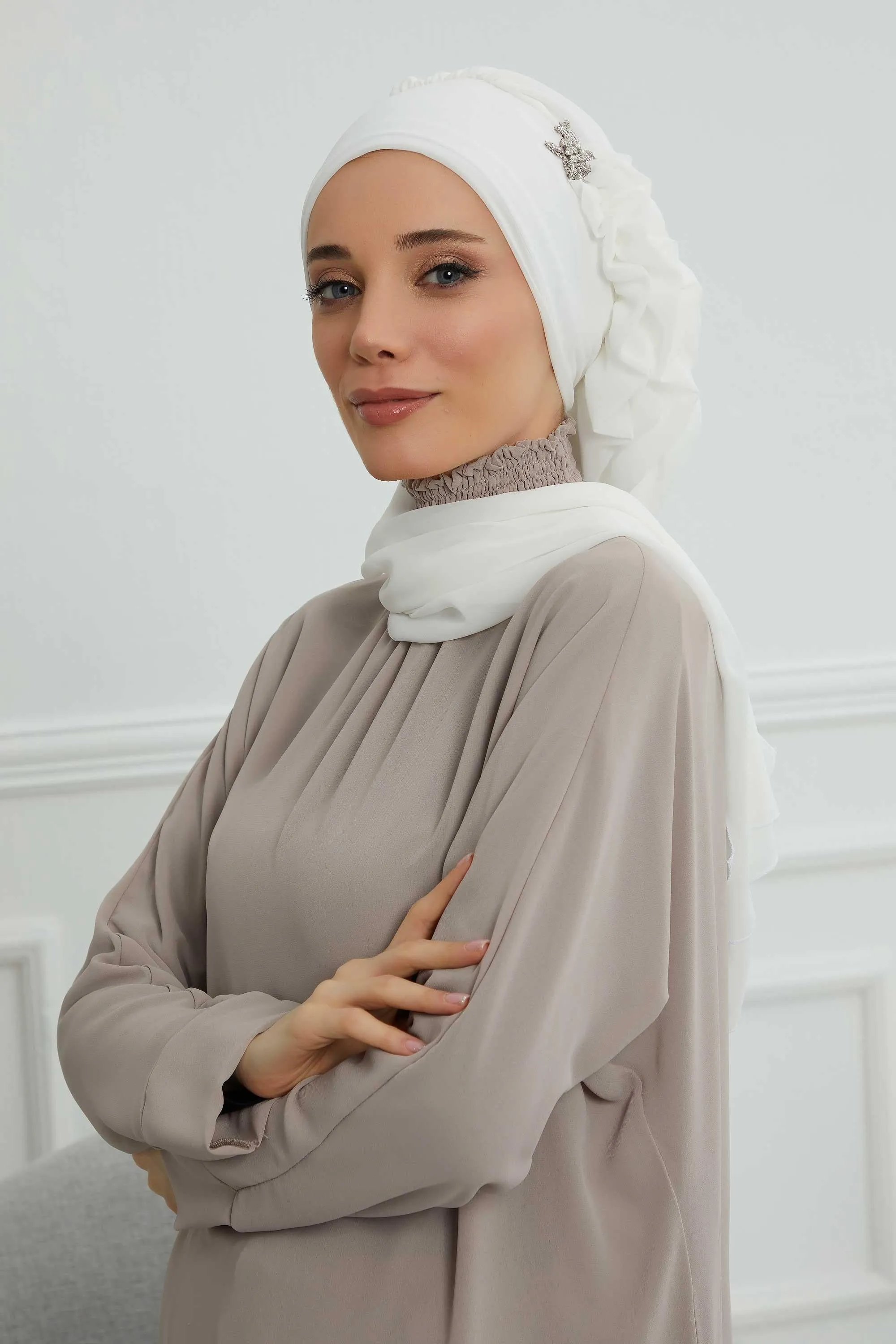 Side Frilled Instant Turban Cotton Scarf Head Turbans with Unique Jewellery Stone Accessory For Women Headwear Stylish Elegant Design,HT-106