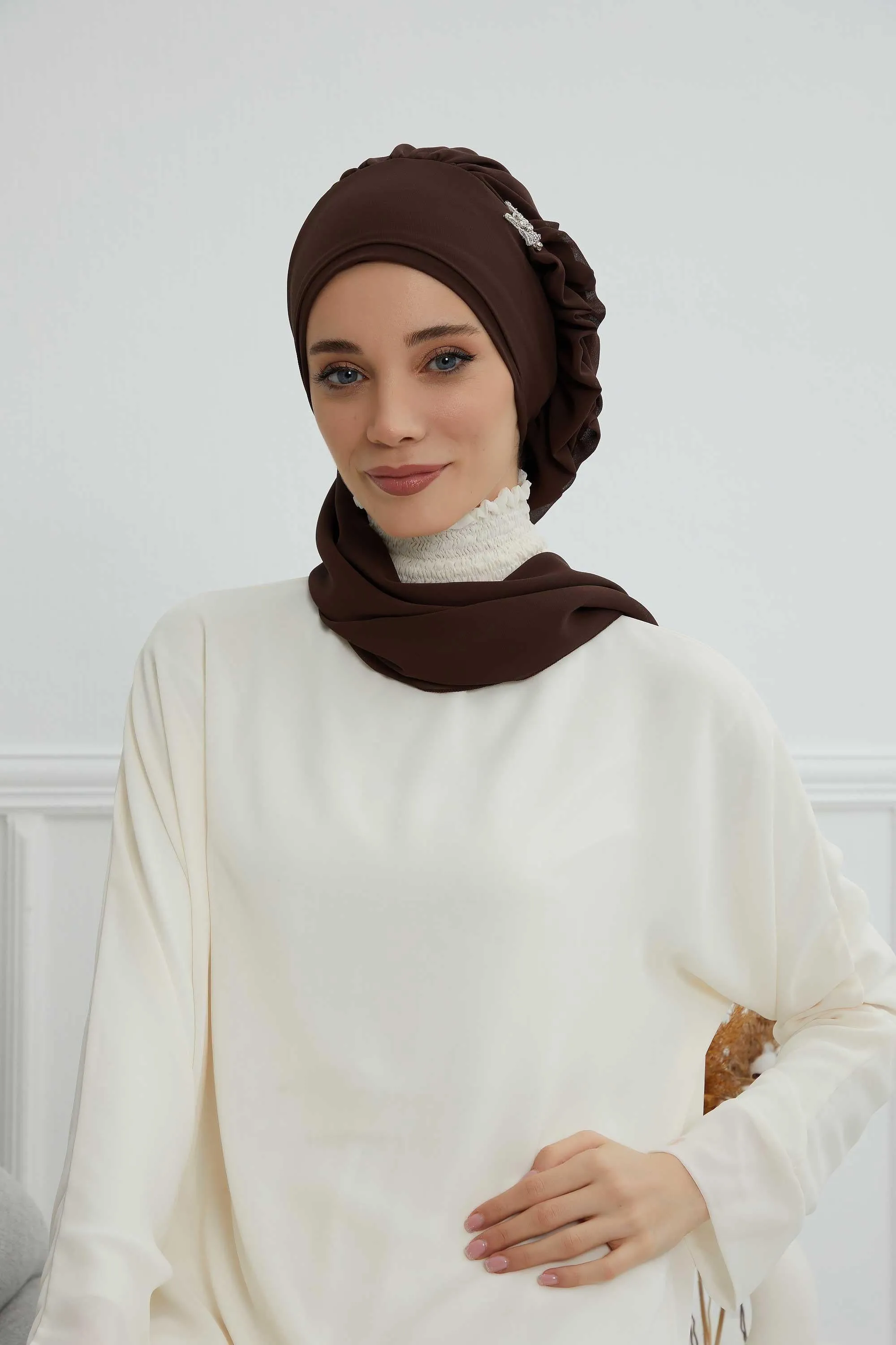 Side Frilled Instant Turban Cotton Scarf Head Turbans with Unique Jewellery Stone Accessory For Women Headwear Stylish Elegant Design,HT-106