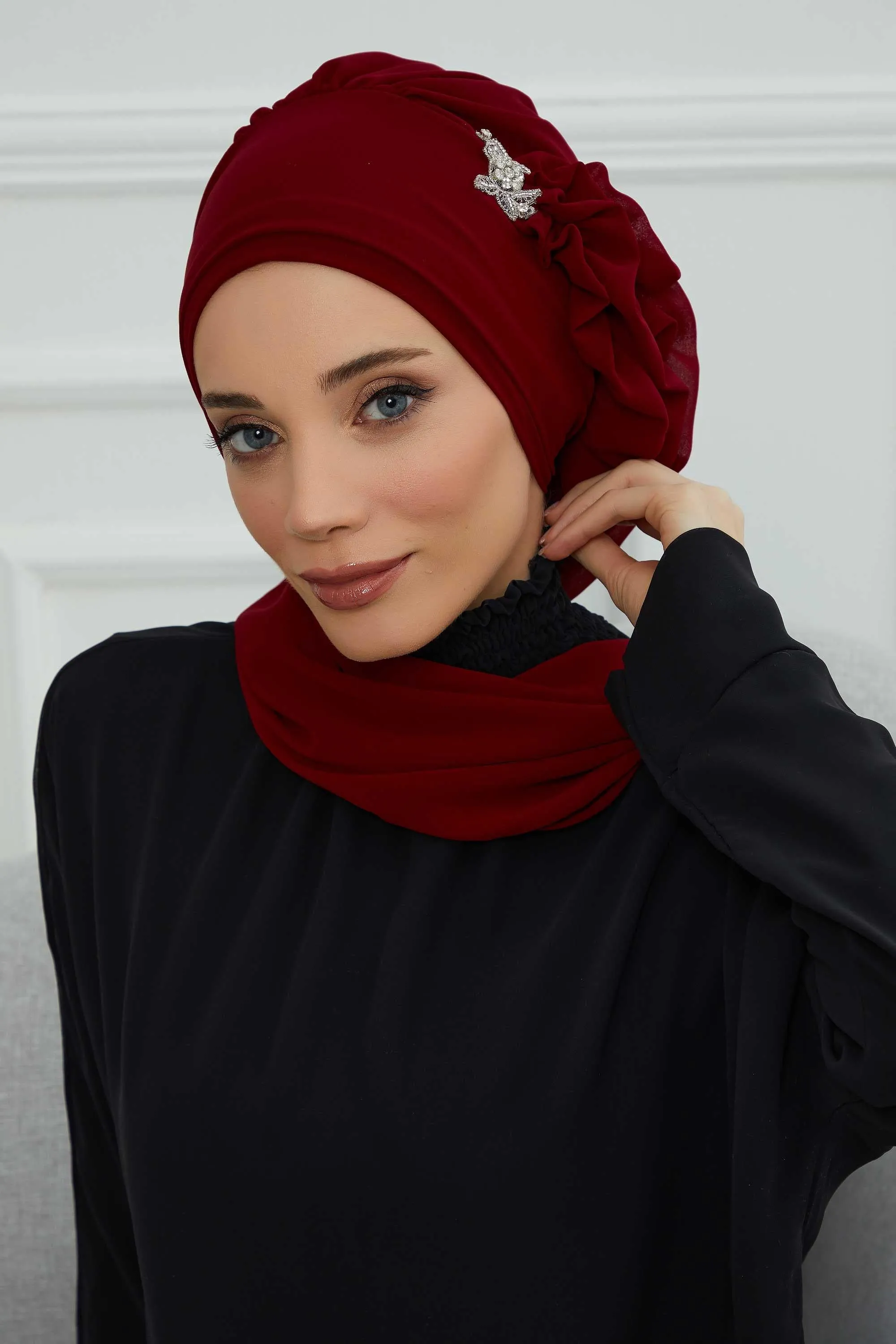 Side Frilled Instant Turban Cotton Scarf Head Turbans with Unique Jewellery Stone Accessory For Women Headwear Stylish Elegant Design,HT-106