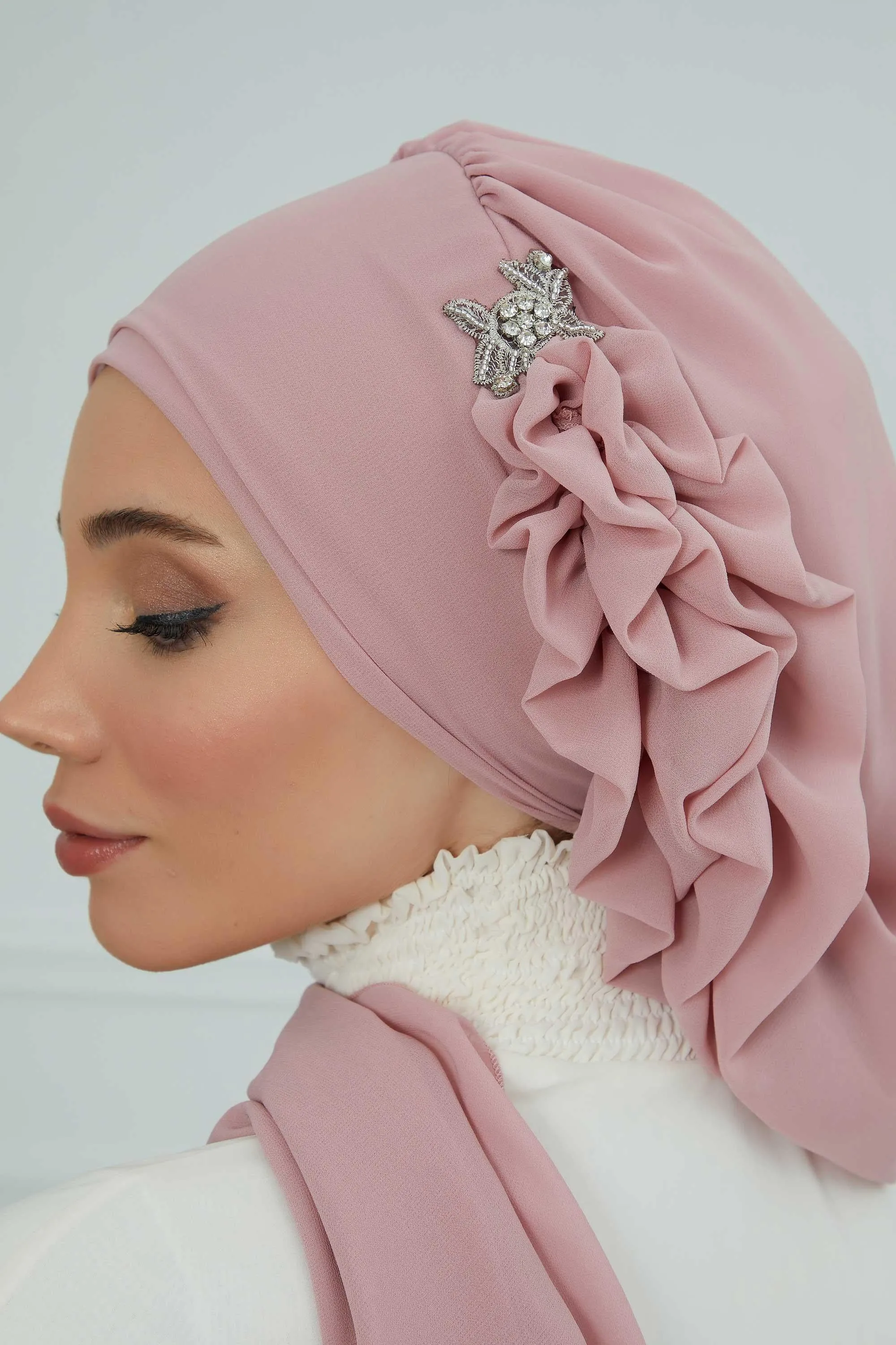 Side Frilled Instant Turban Cotton Scarf Head Turbans with Unique Jewellery Stone Accessory For Women Headwear Stylish Elegant Design,HT-106