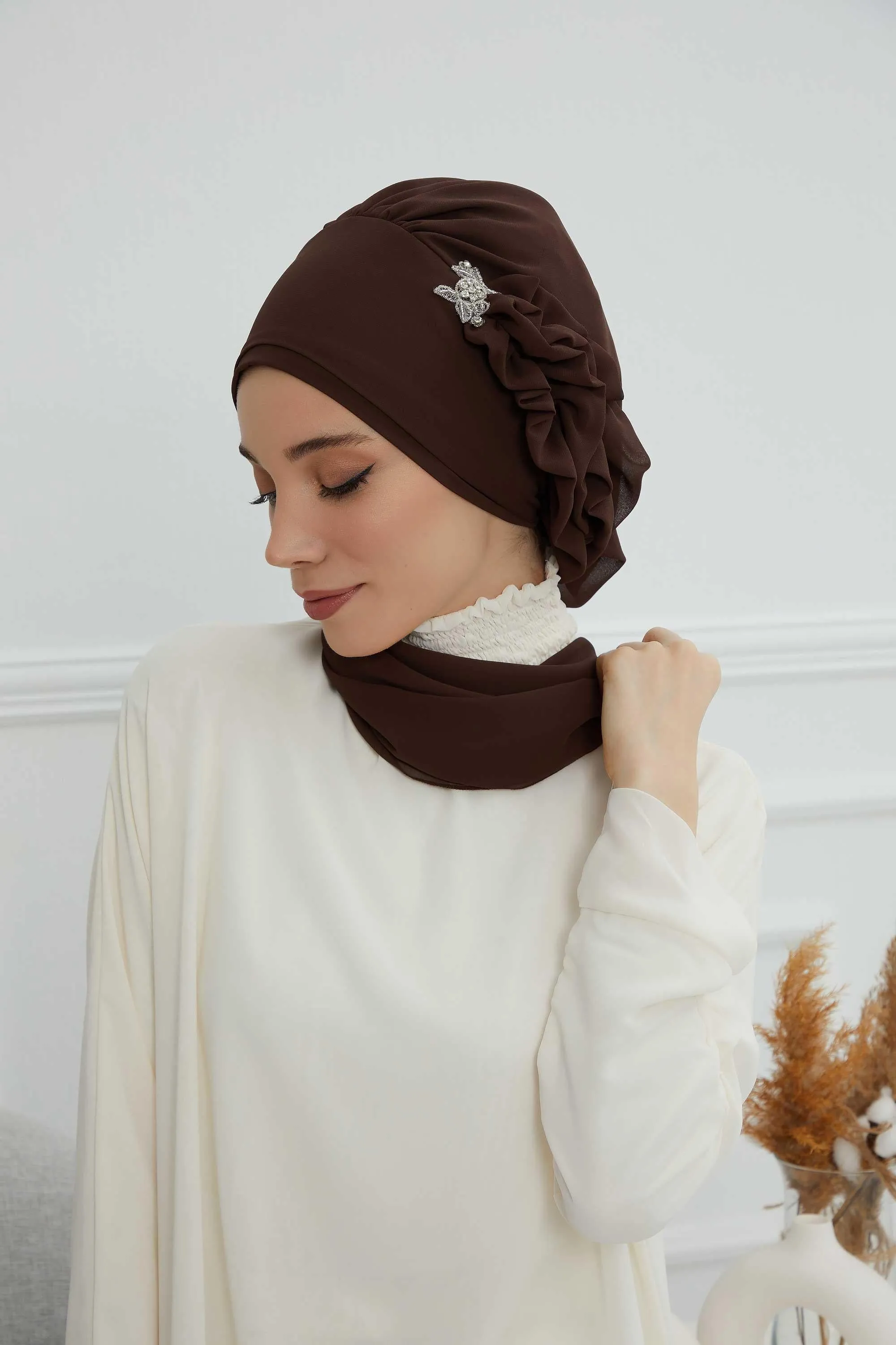 Side Frilled Instant Turban Cotton Scarf Head Turbans with Unique Jewellery Stone Accessory For Women Headwear Stylish Elegant Design,HT-106