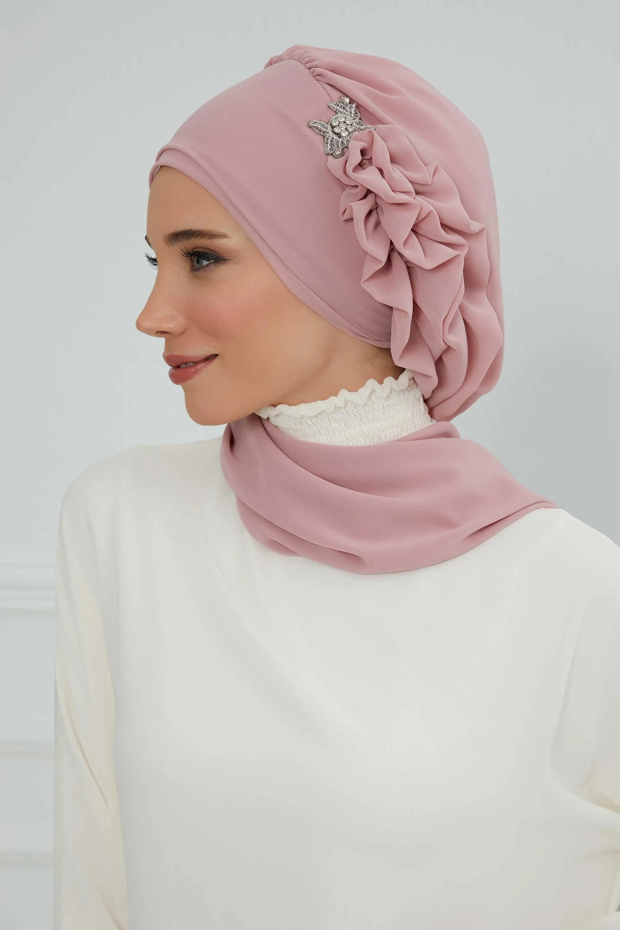 Side Frilled Instant Turban Cotton Scarf Head Turbans with Unique Jewellery Stone Accessory For Women Headwear Stylish Elegant Design,HT-106