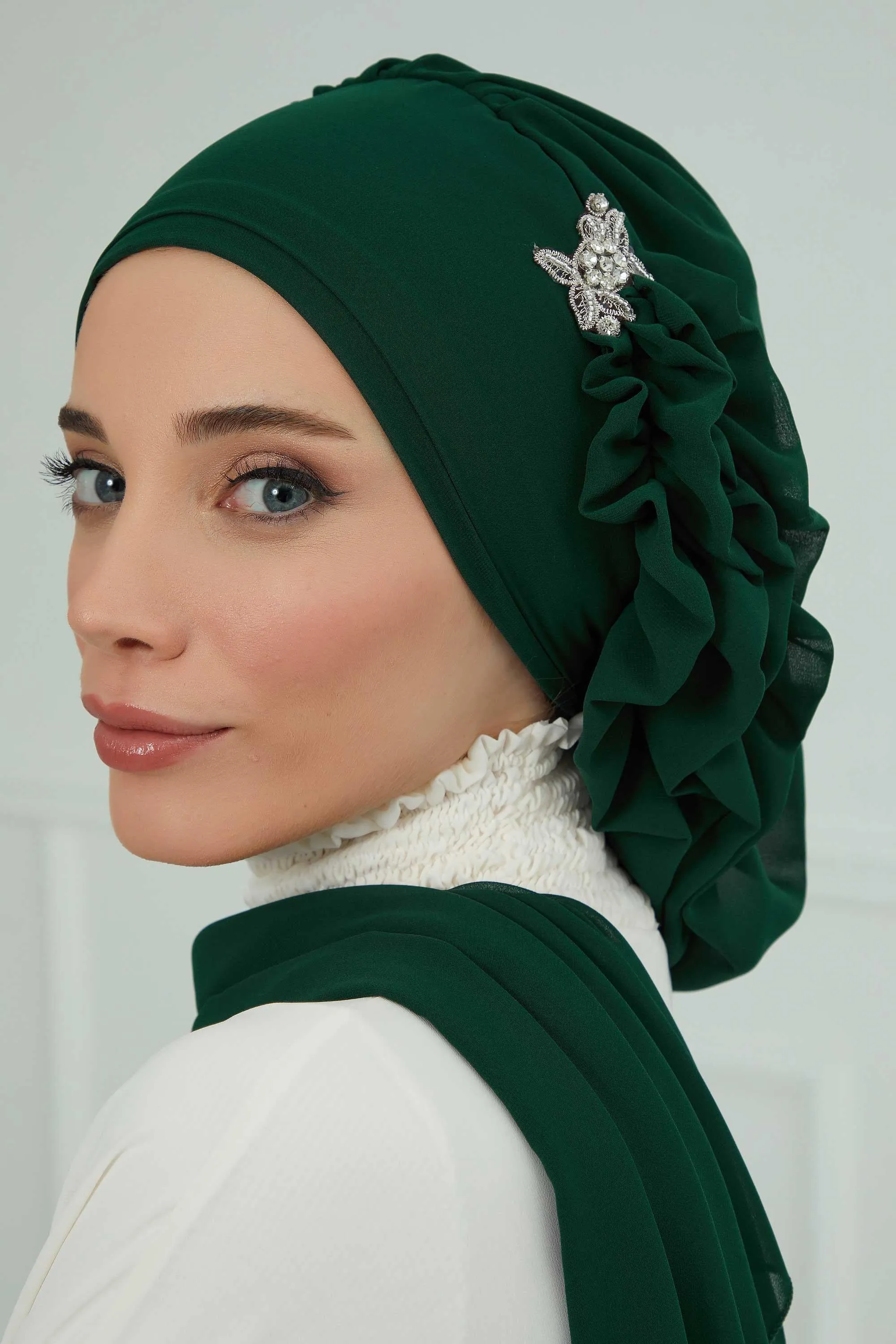 Side Frilled Instant Turban Cotton Scarf Head Turbans with Unique Jewellery Stone Accessory For Women Headwear Stylish Elegant Design,HT-106
