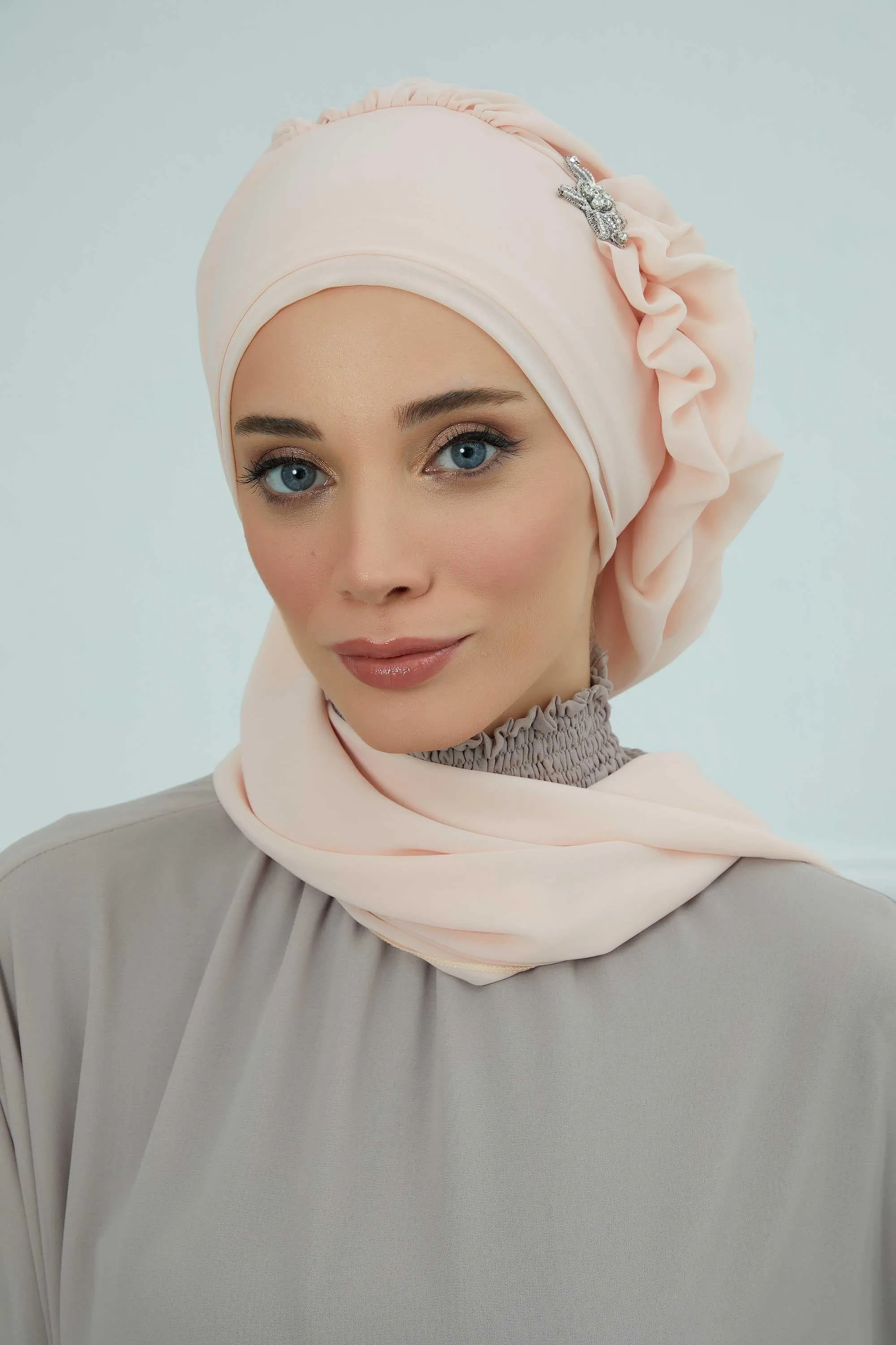 Side Frilled Instant Turban Cotton Scarf Head Turbans with Unique Jewellery Stone Accessory For Women Headwear Stylish Elegant Design,HT-106