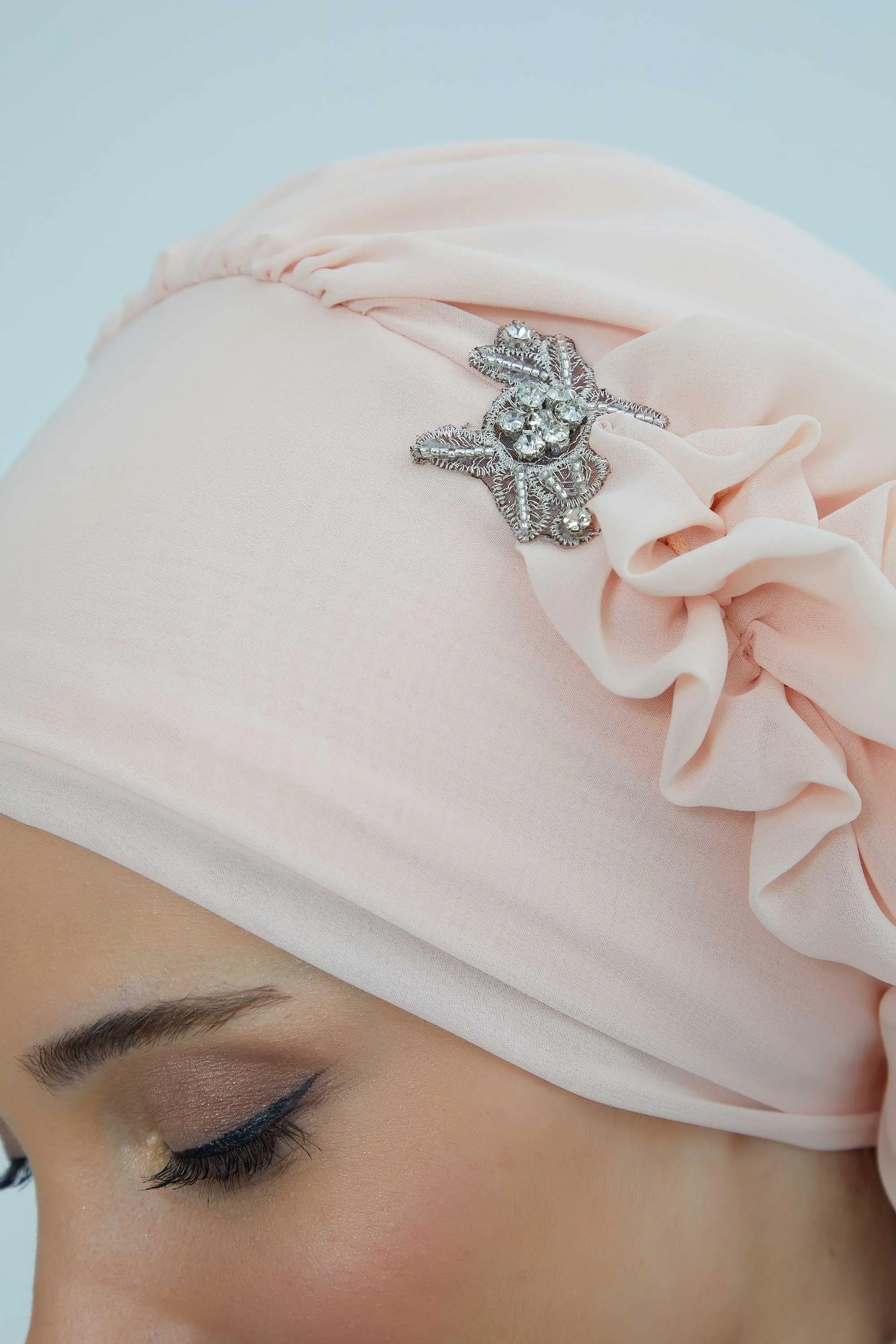 Side Frilled Instant Turban Cotton Scarf Head Turbans with Unique Jewellery Stone Accessory For Women Headwear Stylish Elegant Design,HT-106