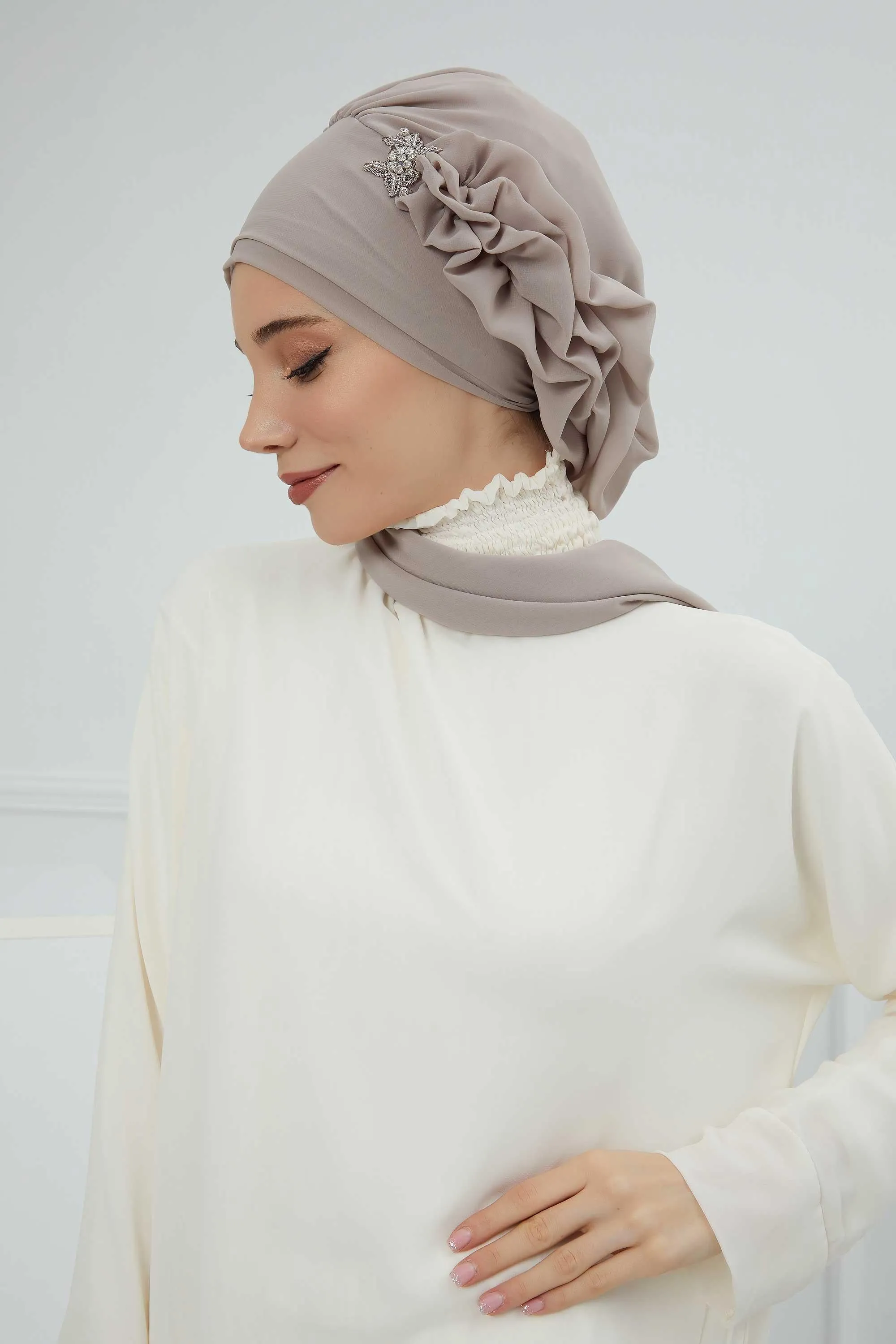 Side Frilled Instant Turban Cotton Scarf Head Turbans with Unique Jewellery Stone Accessory For Women Headwear Stylish Elegant Design,HT-106