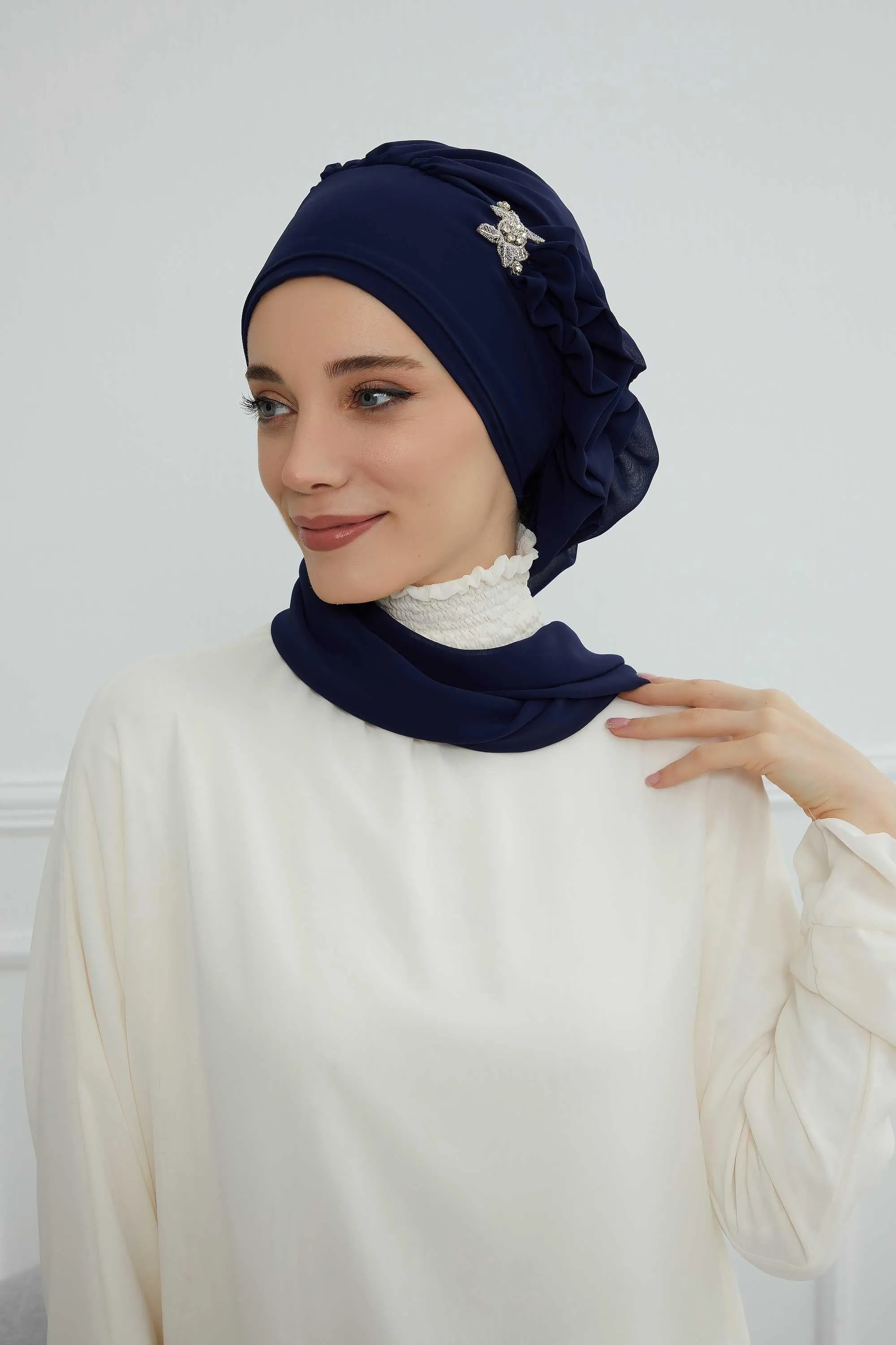 Side Frilled Instant Turban Cotton Scarf Head Turbans with Unique Jewellery Stone Accessory For Women Headwear Stylish Elegant Design,HT-106