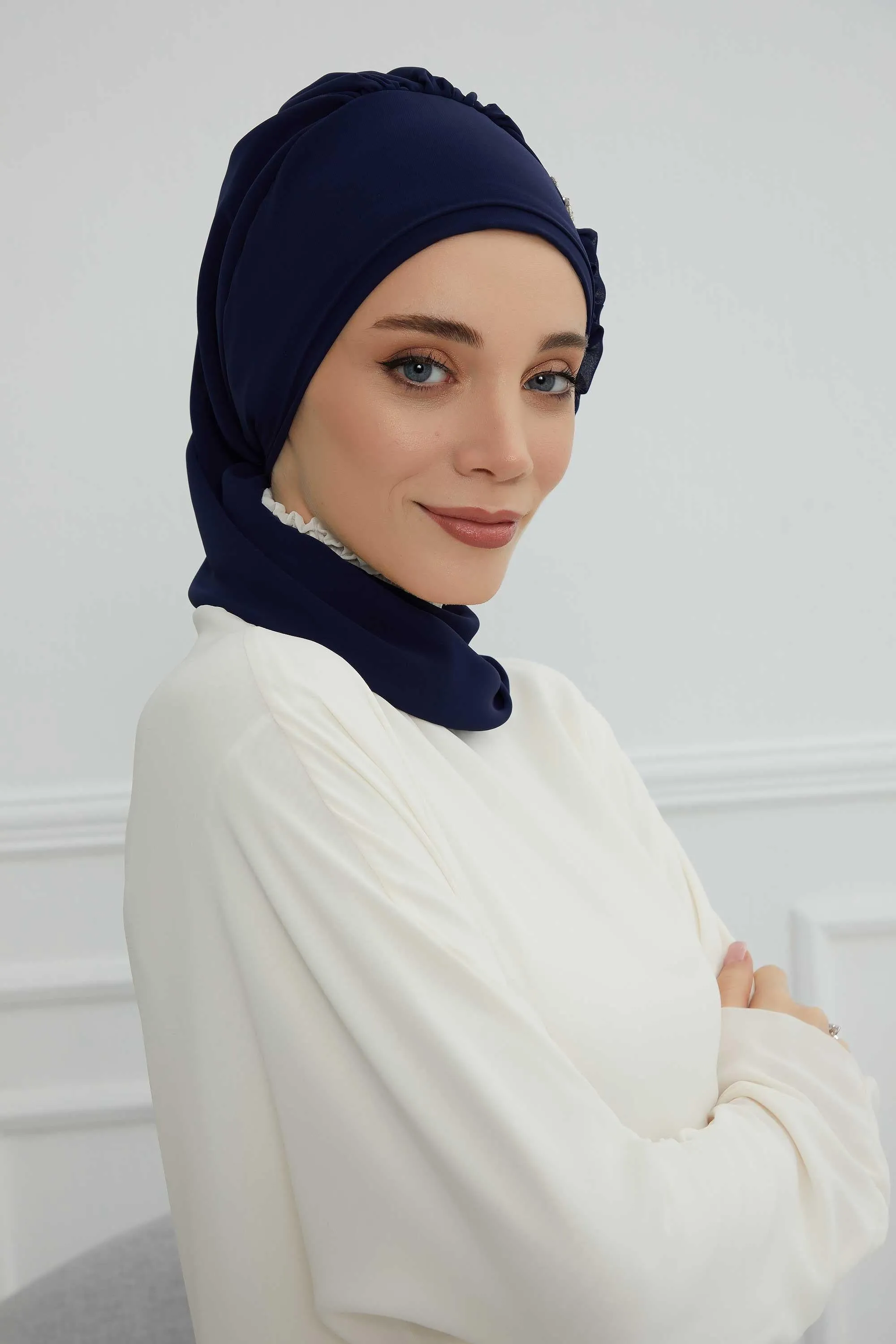 Side Frilled Instant Turban Cotton Scarf Head Turbans with Unique Jewellery Stone Accessory For Women Headwear Stylish Elegant Design,HT-106