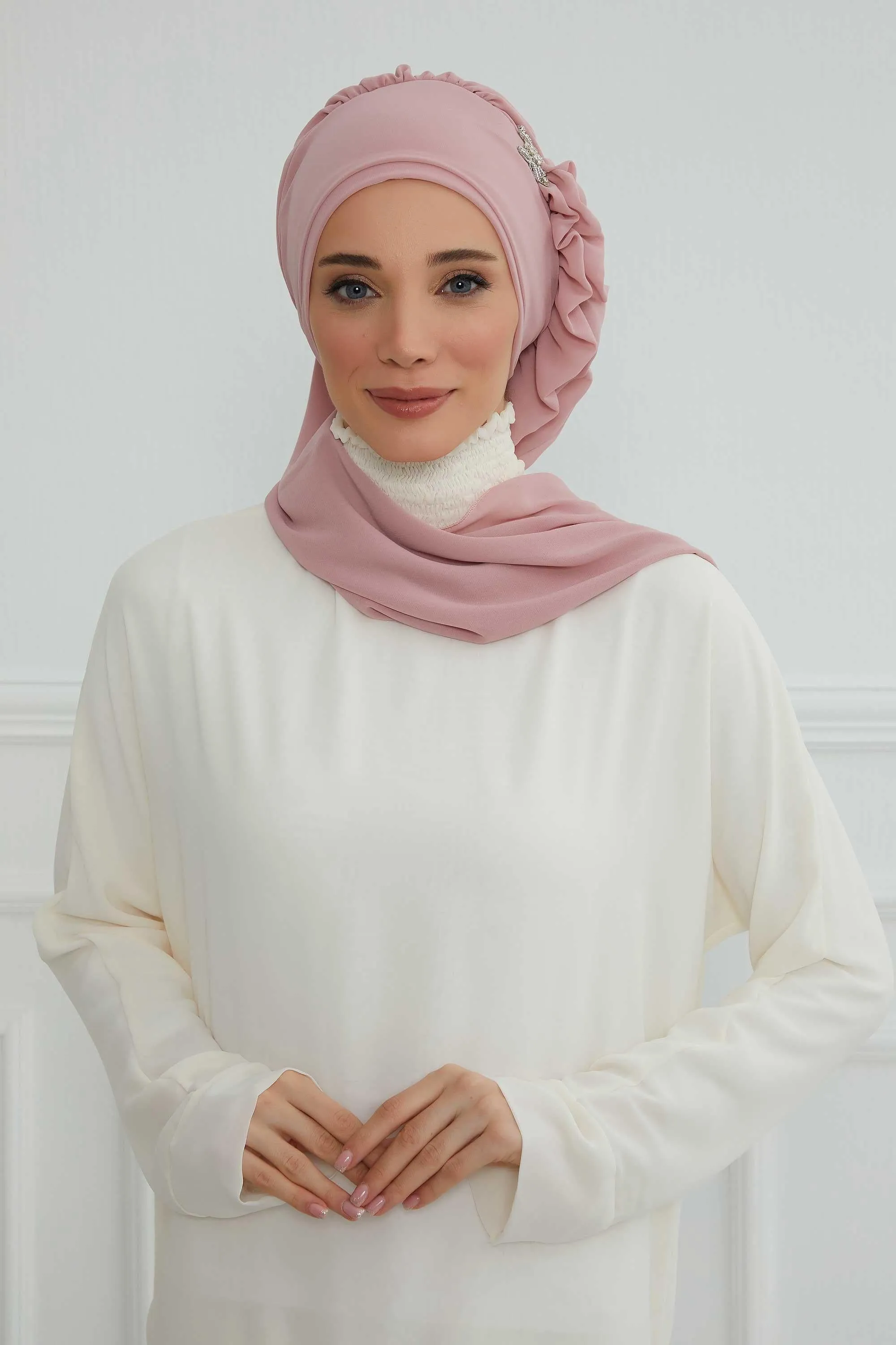 Side Frilled Instant Turban Cotton Scarf Head Turbans with Unique Jewellery Stone Accessory For Women Headwear Stylish Elegant Design,HT-106