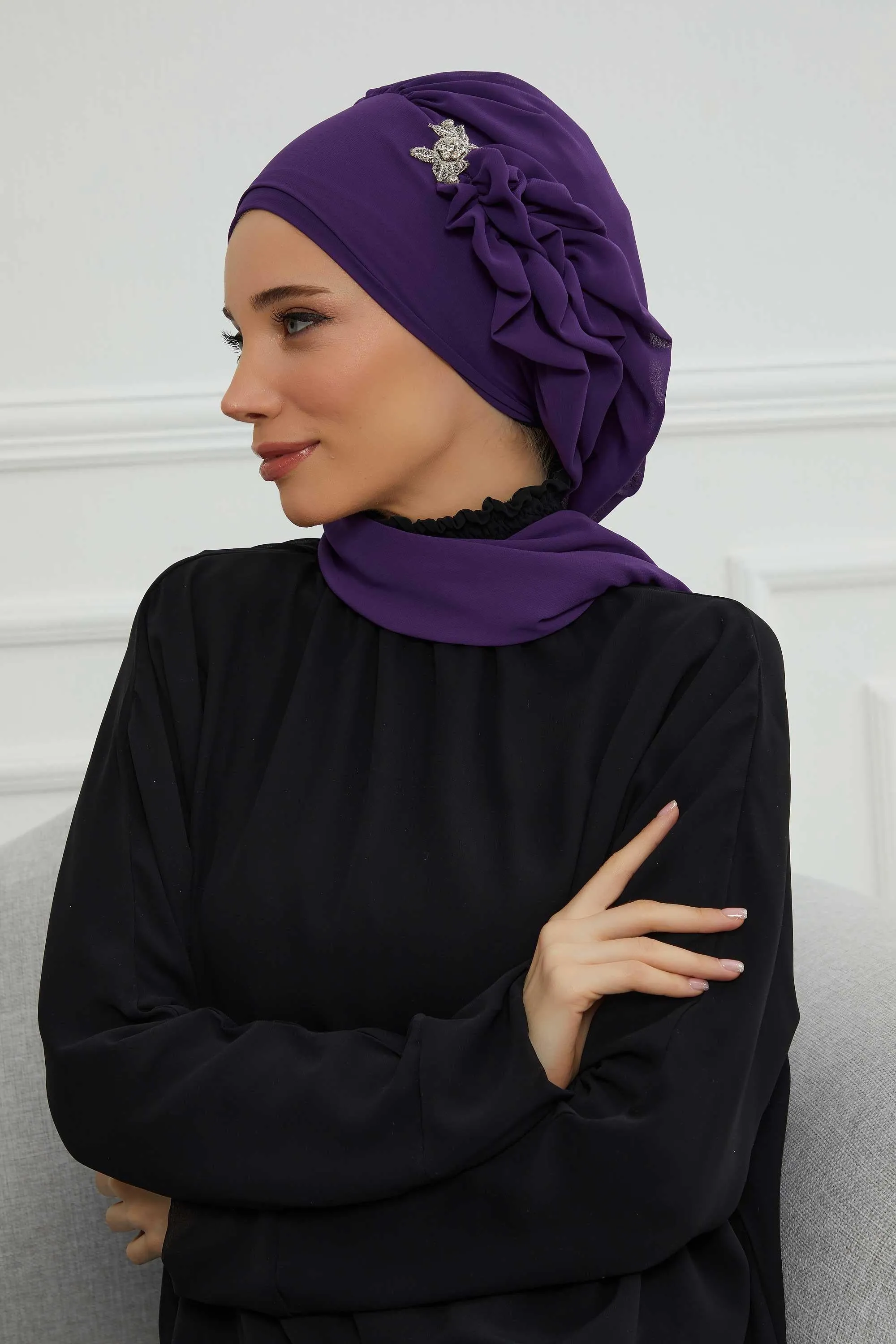Side Frilled Instant Turban Cotton Scarf Head Turbans with Unique Jewellery Stone Accessory For Women Headwear Stylish Elegant Design,HT-106