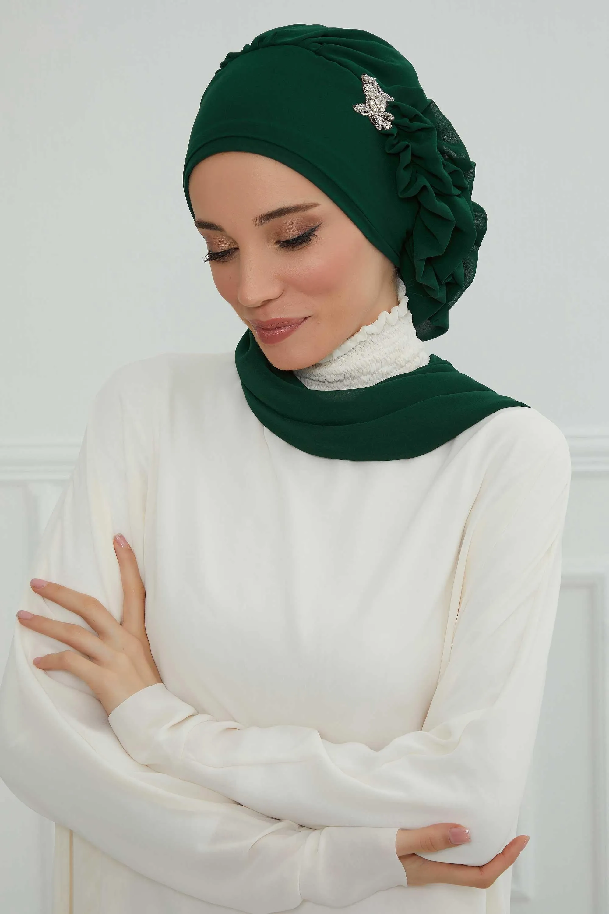 Side Frilled Instant Turban Cotton Scarf Head Turbans with Unique Jewellery Stone Accessory For Women Headwear Stylish Elegant Design,HT-106
