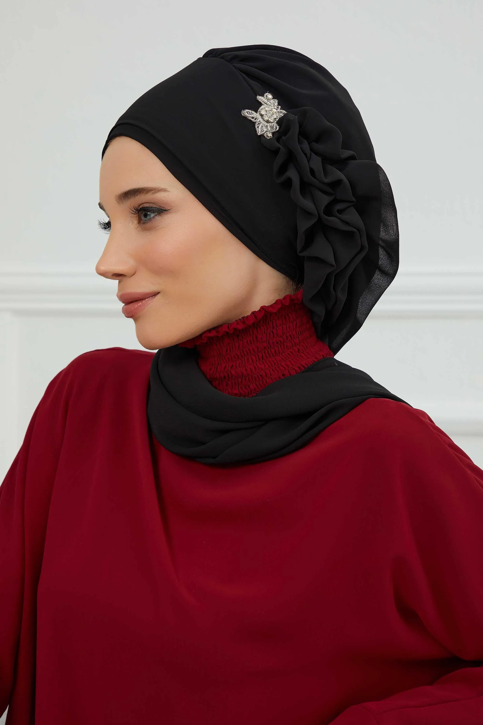 Side Frilled Instant Turban Cotton Scarf Head Turbans with Unique Jewellery Stone Accessory For Women Headwear Stylish Elegant Design,HT-106