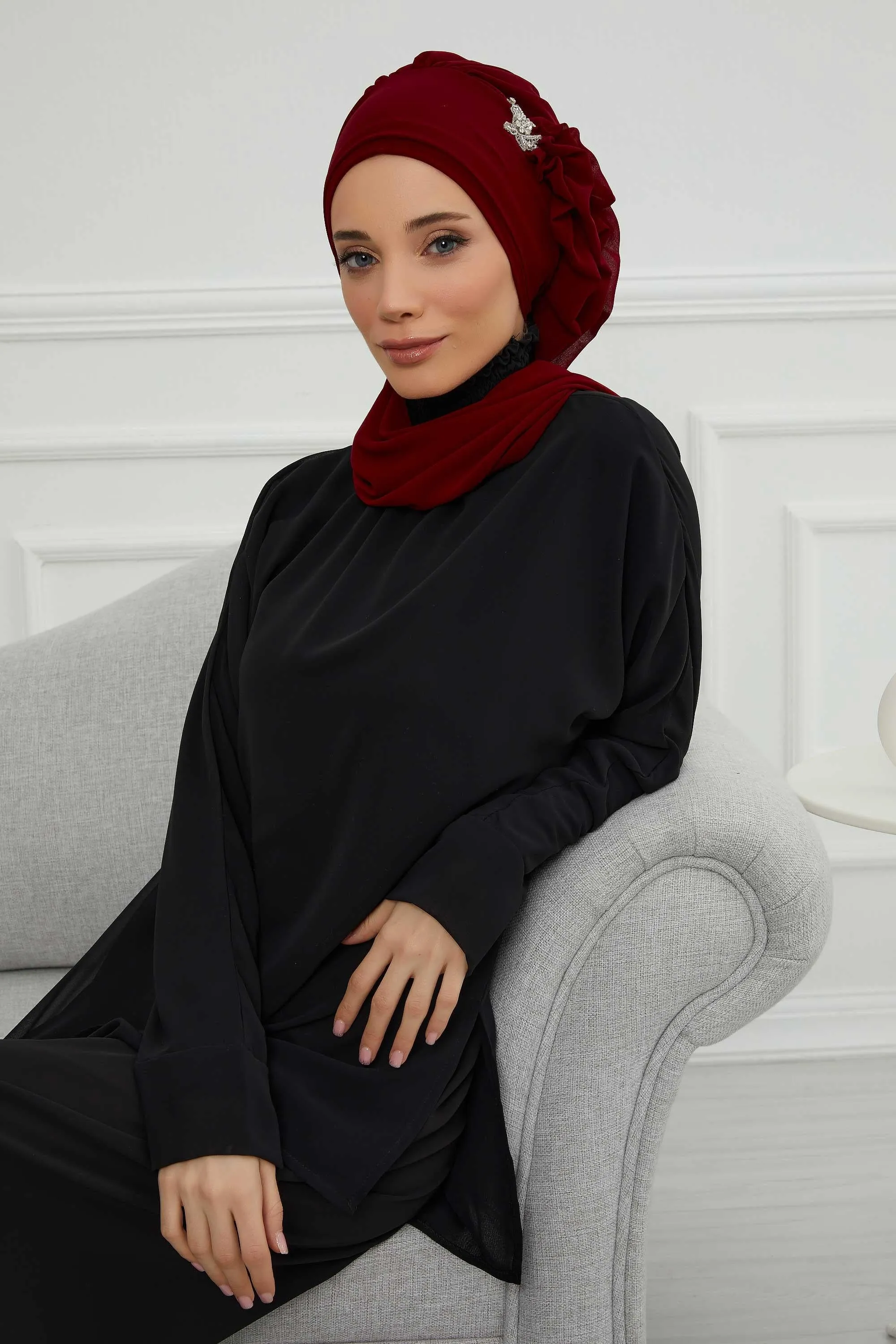 Side Frilled Instant Turban Cotton Scarf Head Turbans with Unique Jewellery Stone Accessory For Women Headwear Stylish Elegant Design,HT-106