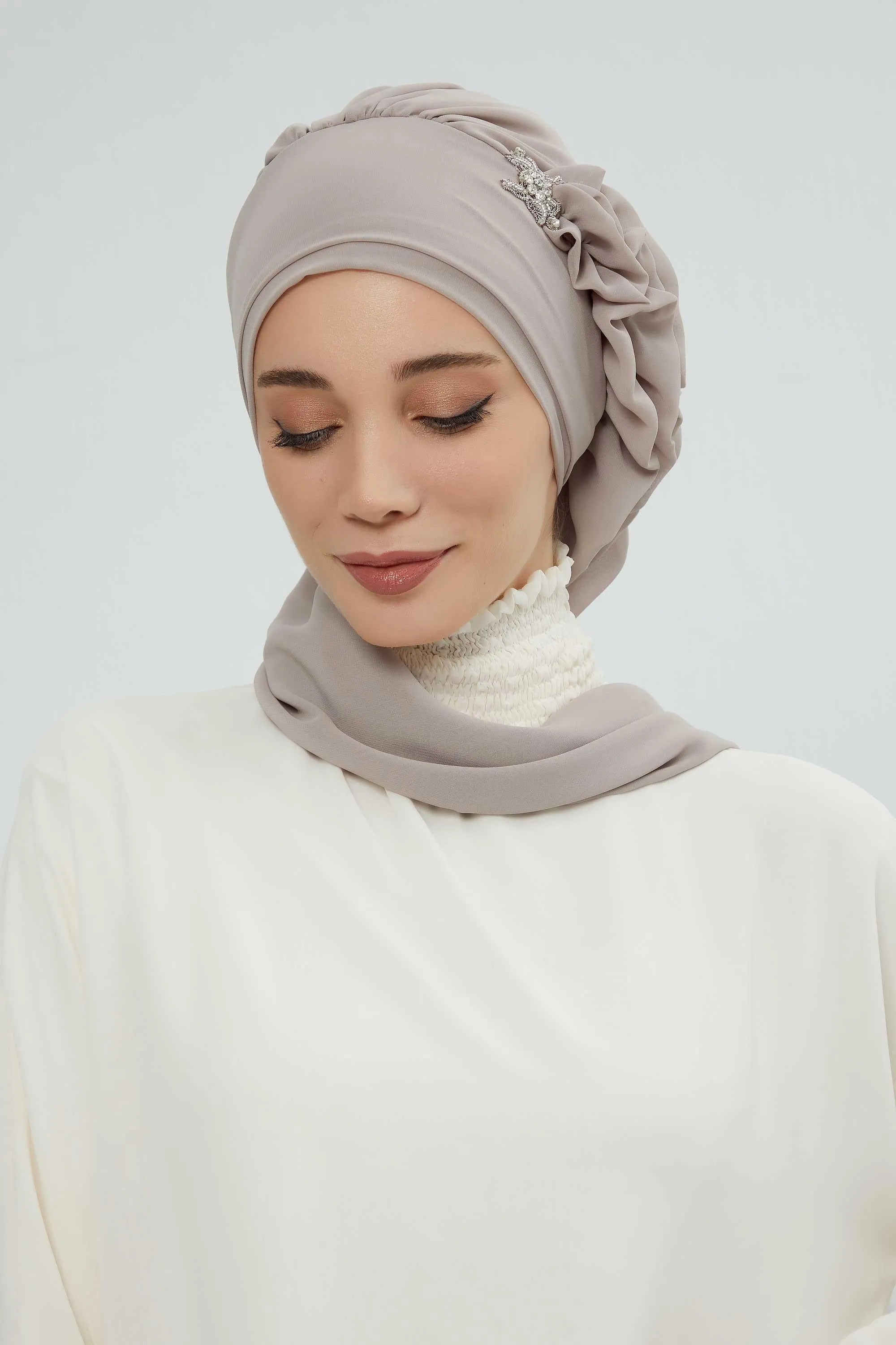 Side Frilled Instant Turban Cotton Scarf Head Turbans with Unique Jewellery Stone Accessory For Women Headwear Stylish Elegant Design,HT-106