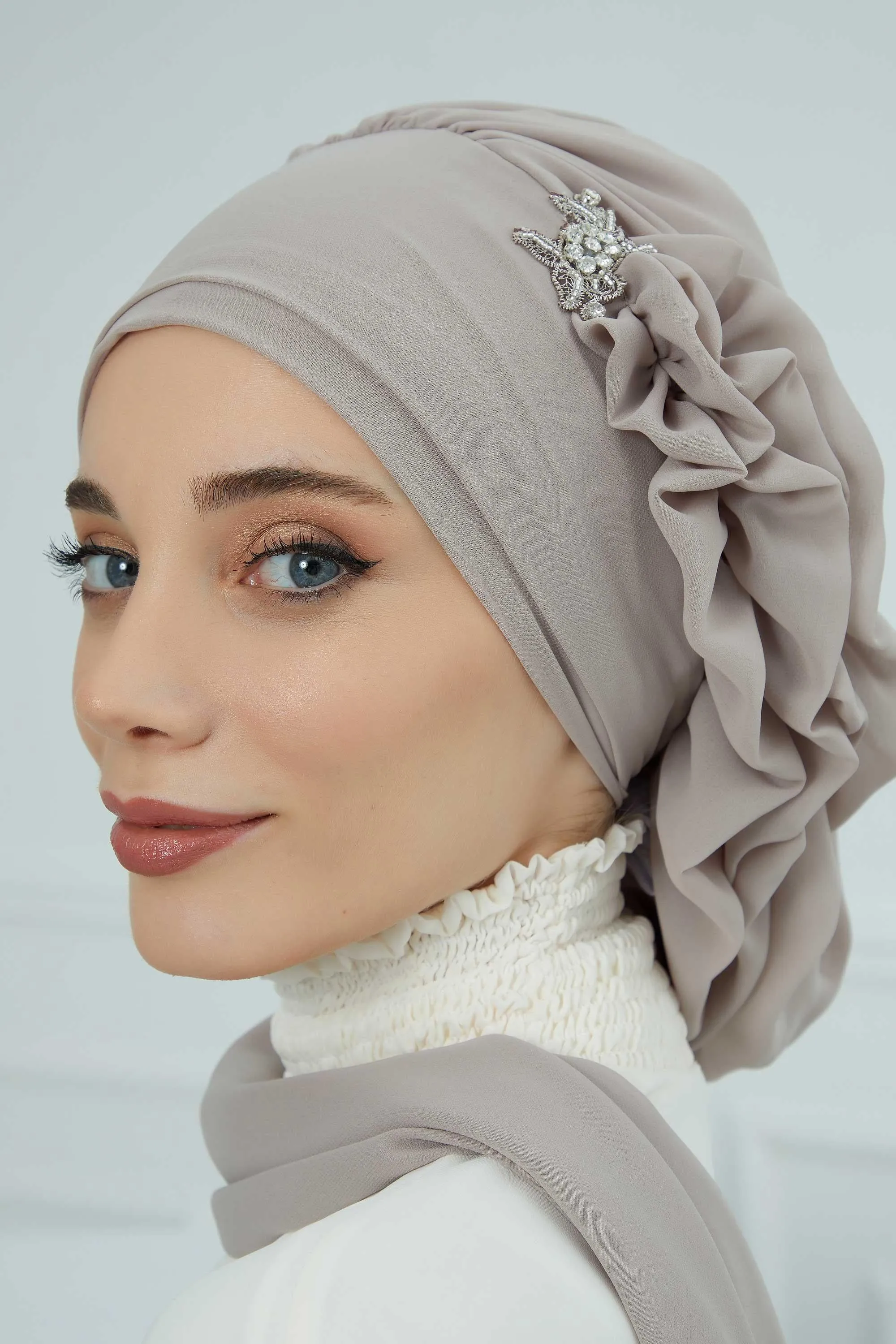 Side Frilled Instant Turban Cotton Scarf Head Turbans with Unique Jewellery Stone Accessory For Women Headwear Stylish Elegant Design,HT-106