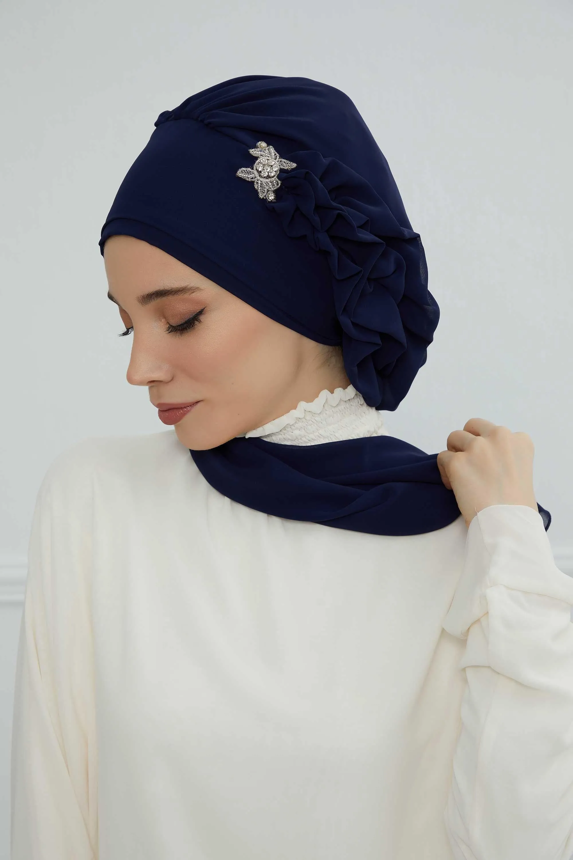 Side Frilled Instant Turban Cotton Scarf Head Turbans with Unique Jewellery Stone Accessory For Women Headwear Stylish Elegant Design,HT-106