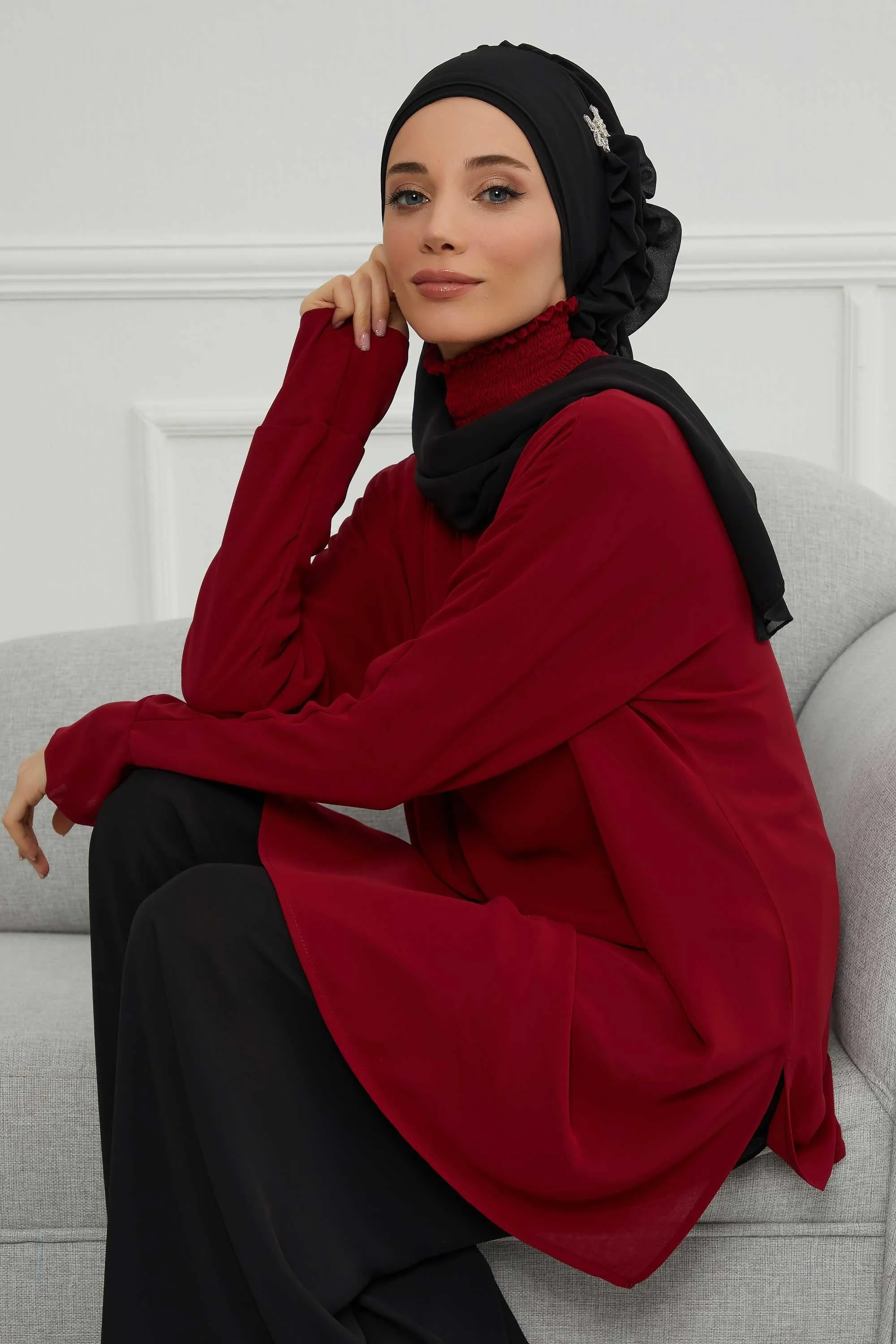 Side Frilled Instant Turban Cotton Scarf Head Turbans with Unique Jewellery Stone Accessory For Women Headwear Stylish Elegant Design,HT-106
