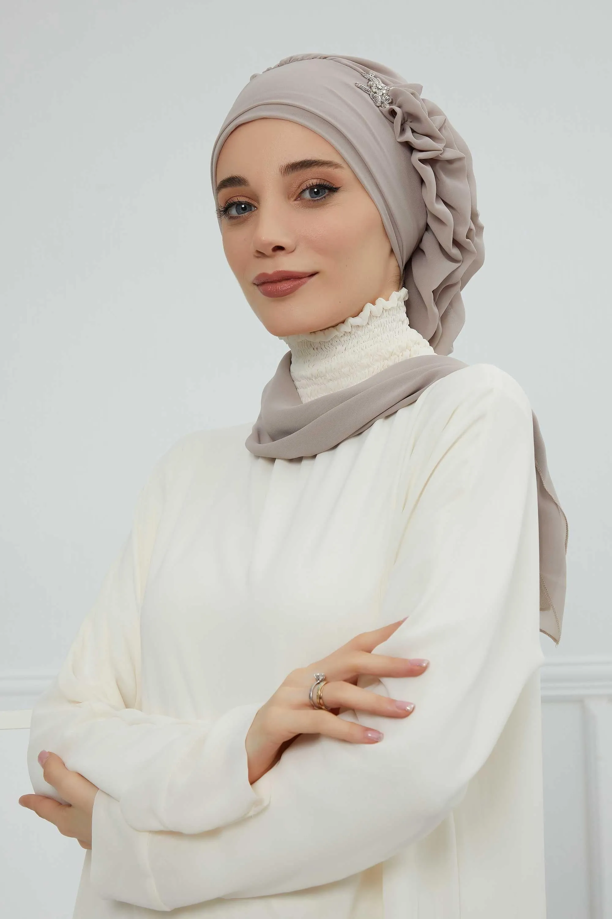 Side Frilled Instant Turban Cotton Scarf Head Turbans with Unique Jewellery Stone Accessory For Women Headwear Stylish Elegant Design,HT-106
