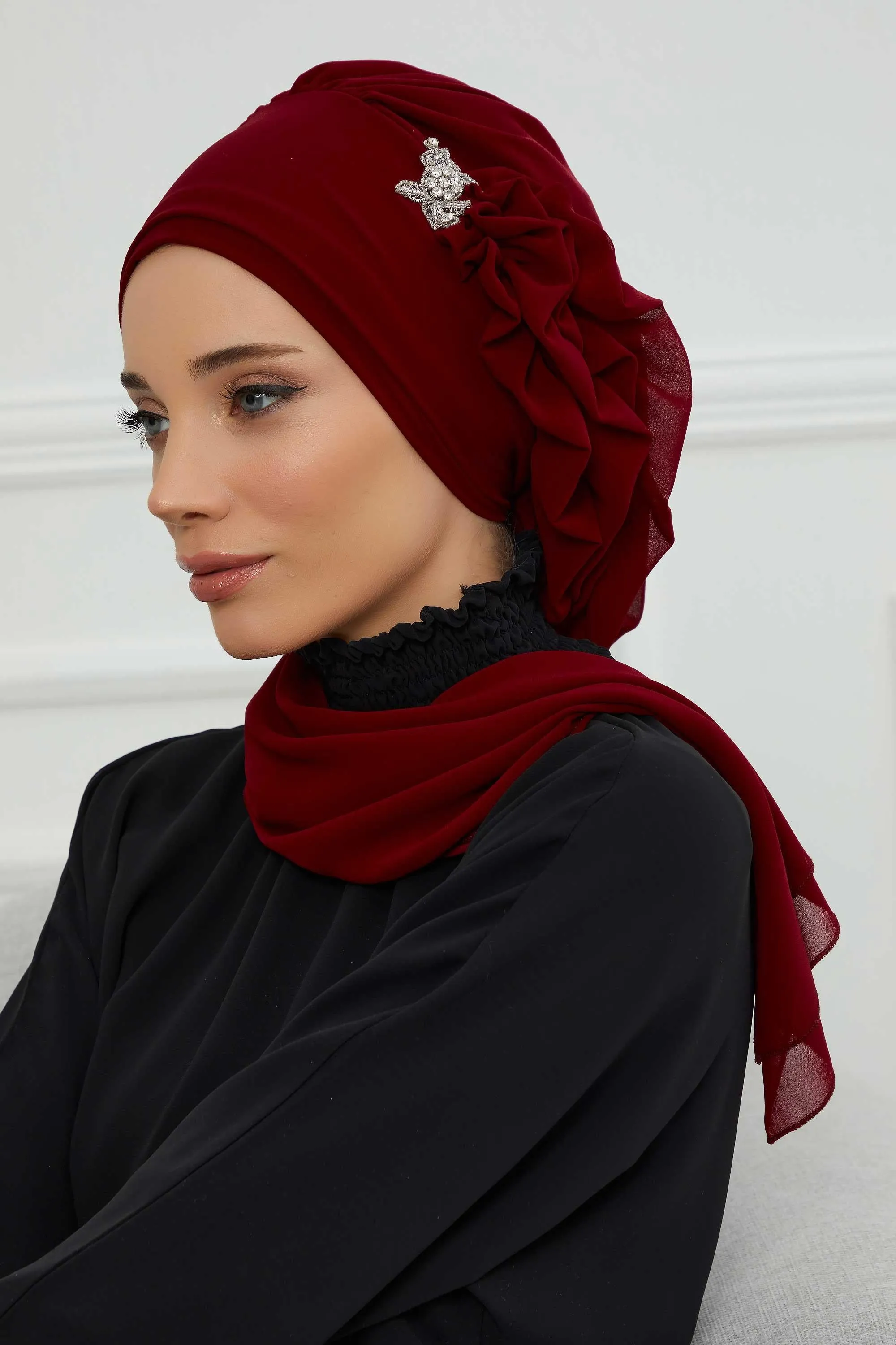 Side Frilled Instant Turban Cotton Scarf Head Turbans with Unique Jewellery Stone Accessory For Women Headwear Stylish Elegant Design,HT-106