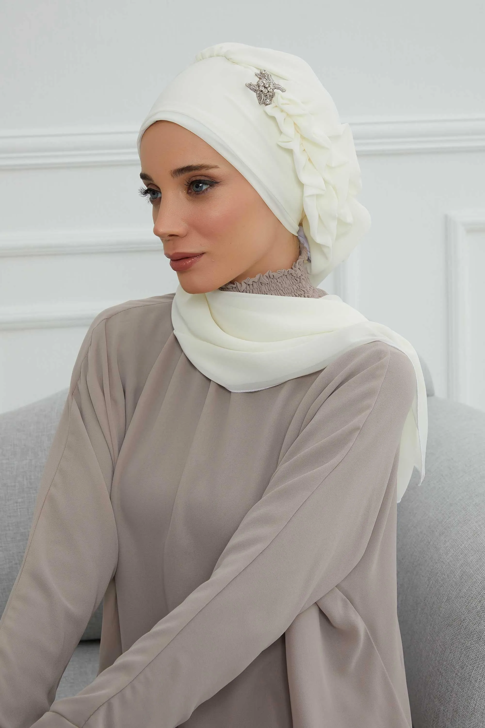 Side Frilled Instant Turban Cotton Scarf Head Turbans with Unique Jewellery Stone Accessory For Women Headwear Stylish Elegant Design,HT-106