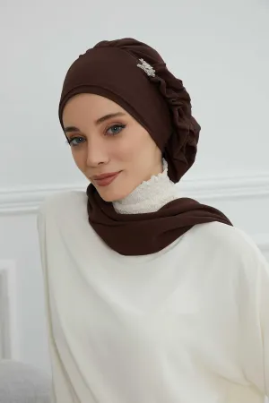 Side Frilled Instant Turban Cotton Scarf Head Turbans with Unique Jewellery Stone Accessory For Women Headwear Stylish Elegant Design,HT-106