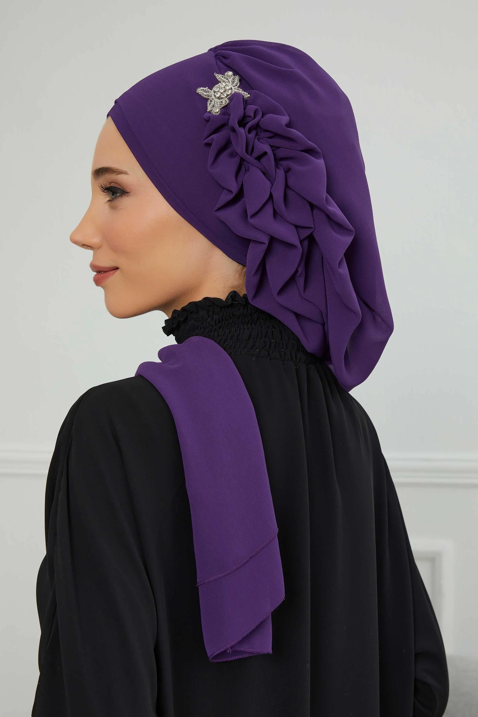 Side Frilled Instant Turban Cotton Scarf Head Turbans with Unique Jewellery Stone Accessory For Women Headwear Stylish Elegant Design,HT-106