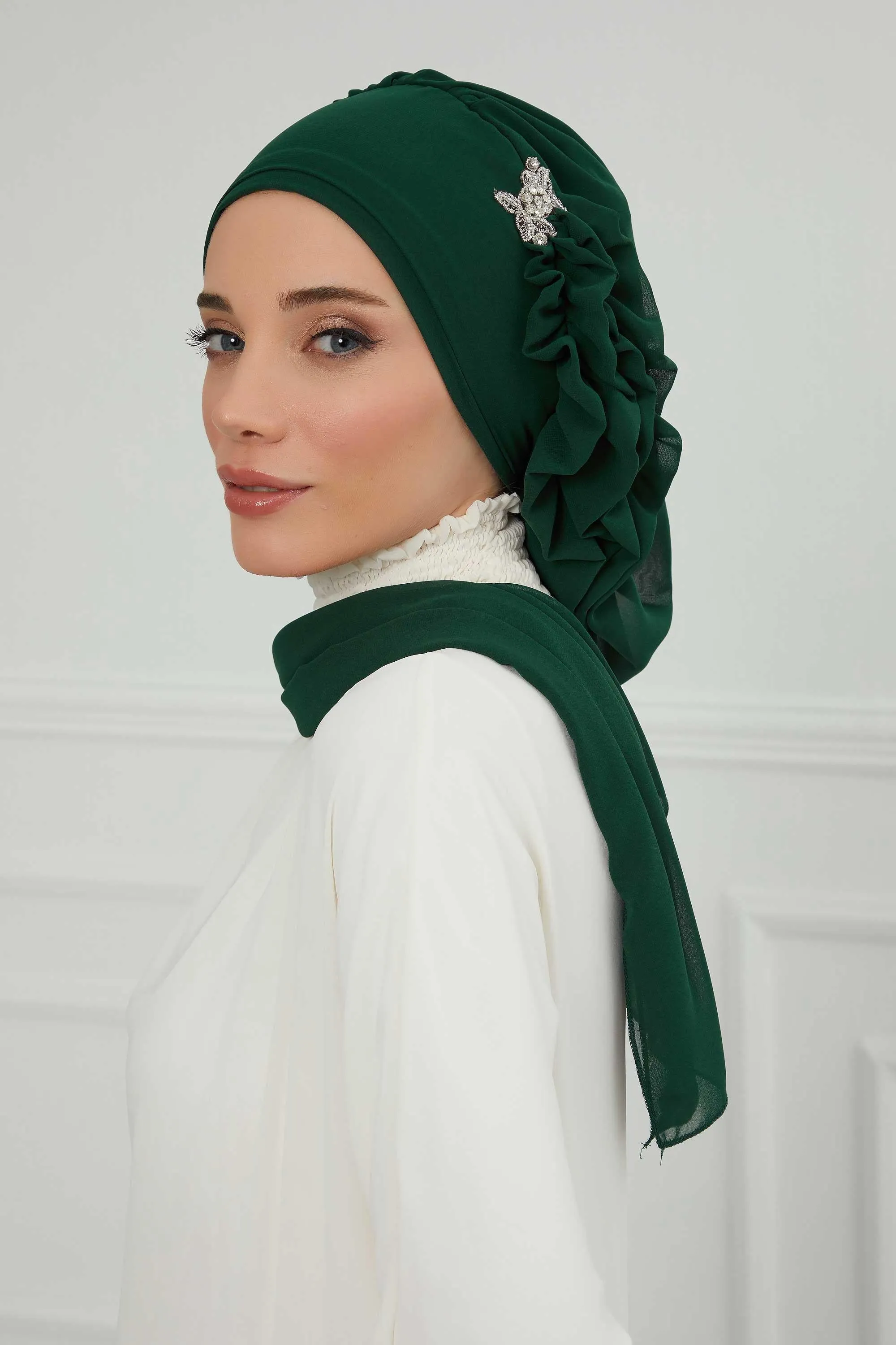 Side Frilled Instant Turban Cotton Scarf Head Turbans with Unique Jewellery Stone Accessory For Women Headwear Stylish Elegant Design,HT-106