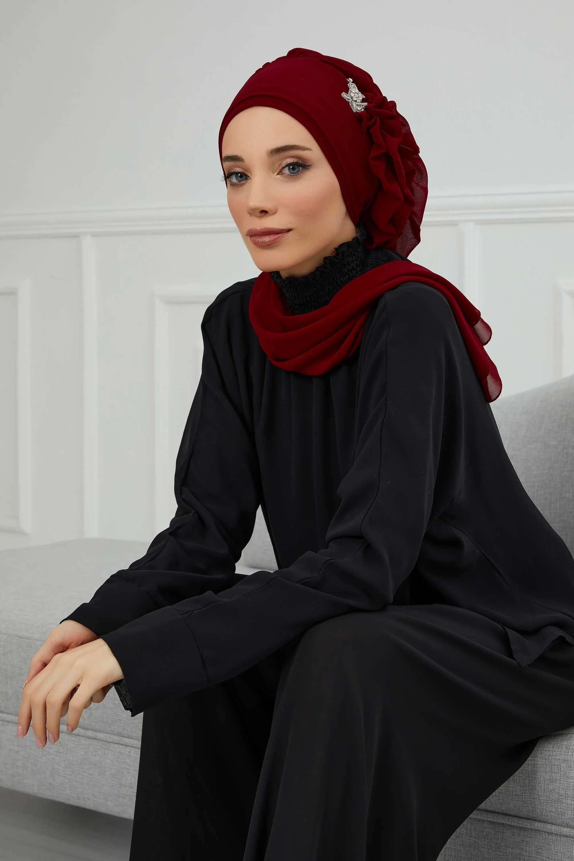 Side Frilled Instant Turban Cotton Scarf Head Turbans with Unique Jewellery Stone Accessory For Women Headwear Stylish Elegant Design,HT-106