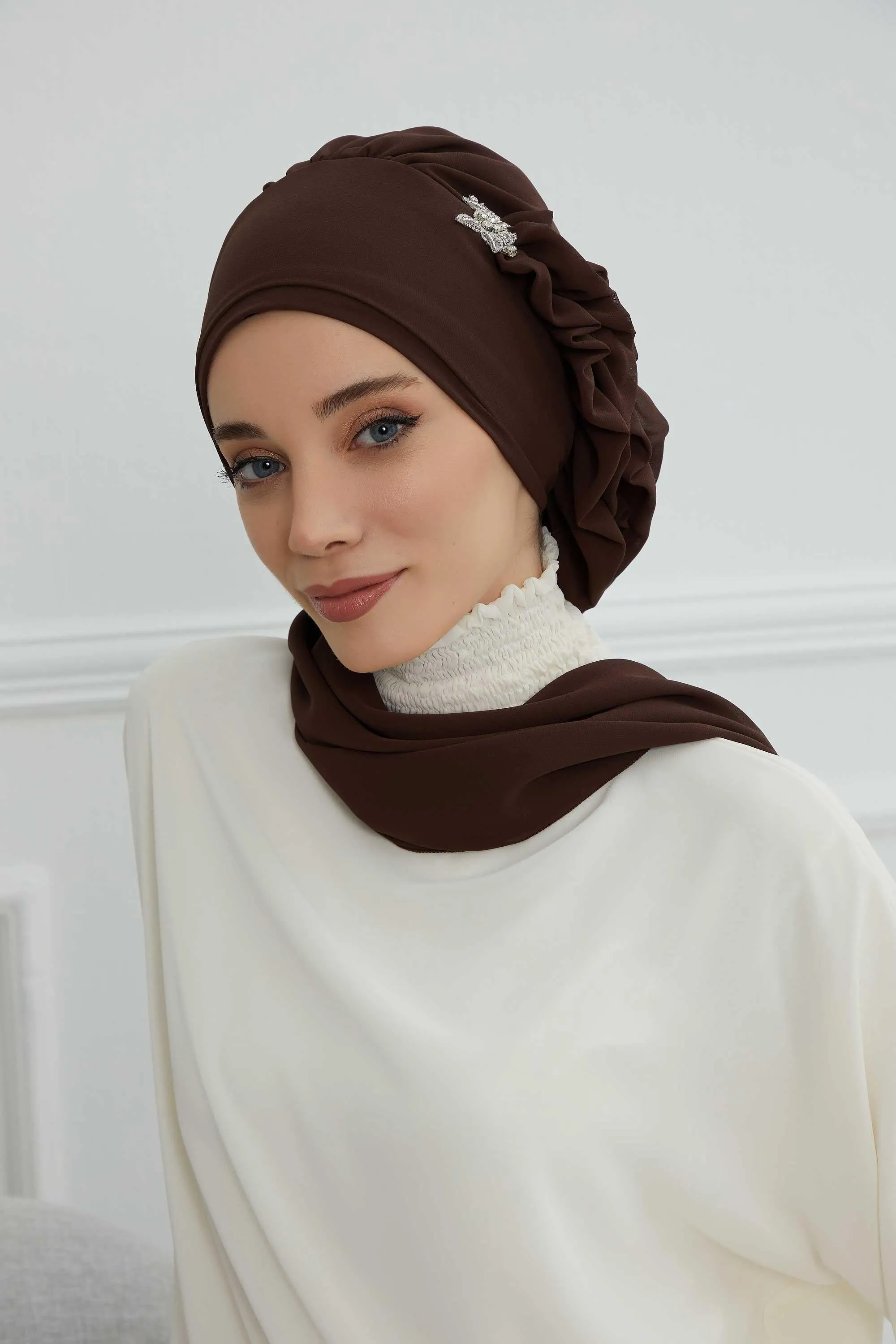 Side Frilled Instant Turban Cotton Scarf Head Turbans with Unique Jewellery Stone Accessory For Women Headwear Stylish Elegant Design,HT-106