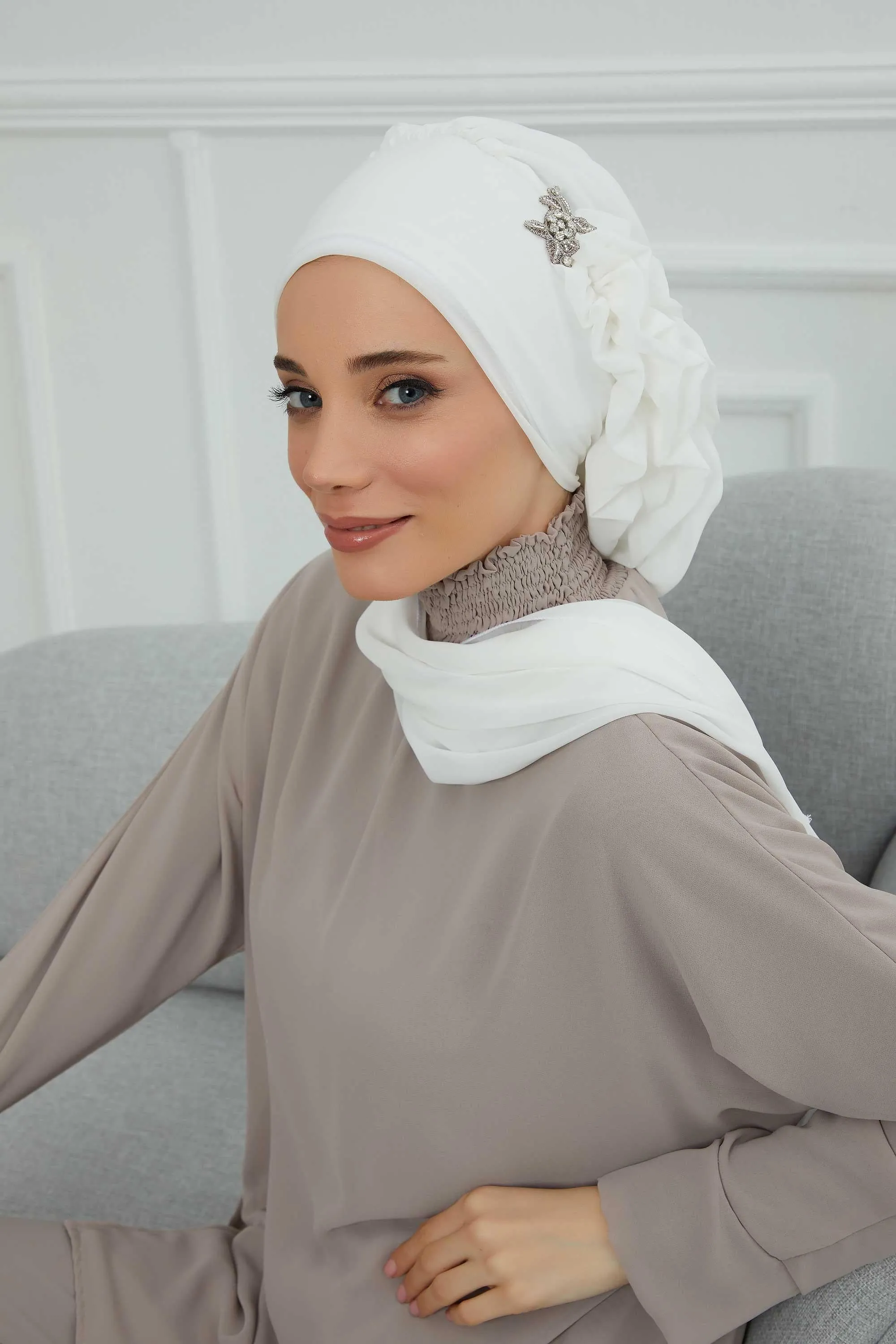 Side Frilled Instant Turban Cotton Scarf Head Turbans with Unique Jewellery Stone Accessory For Women Headwear Stylish Elegant Design,HT-106