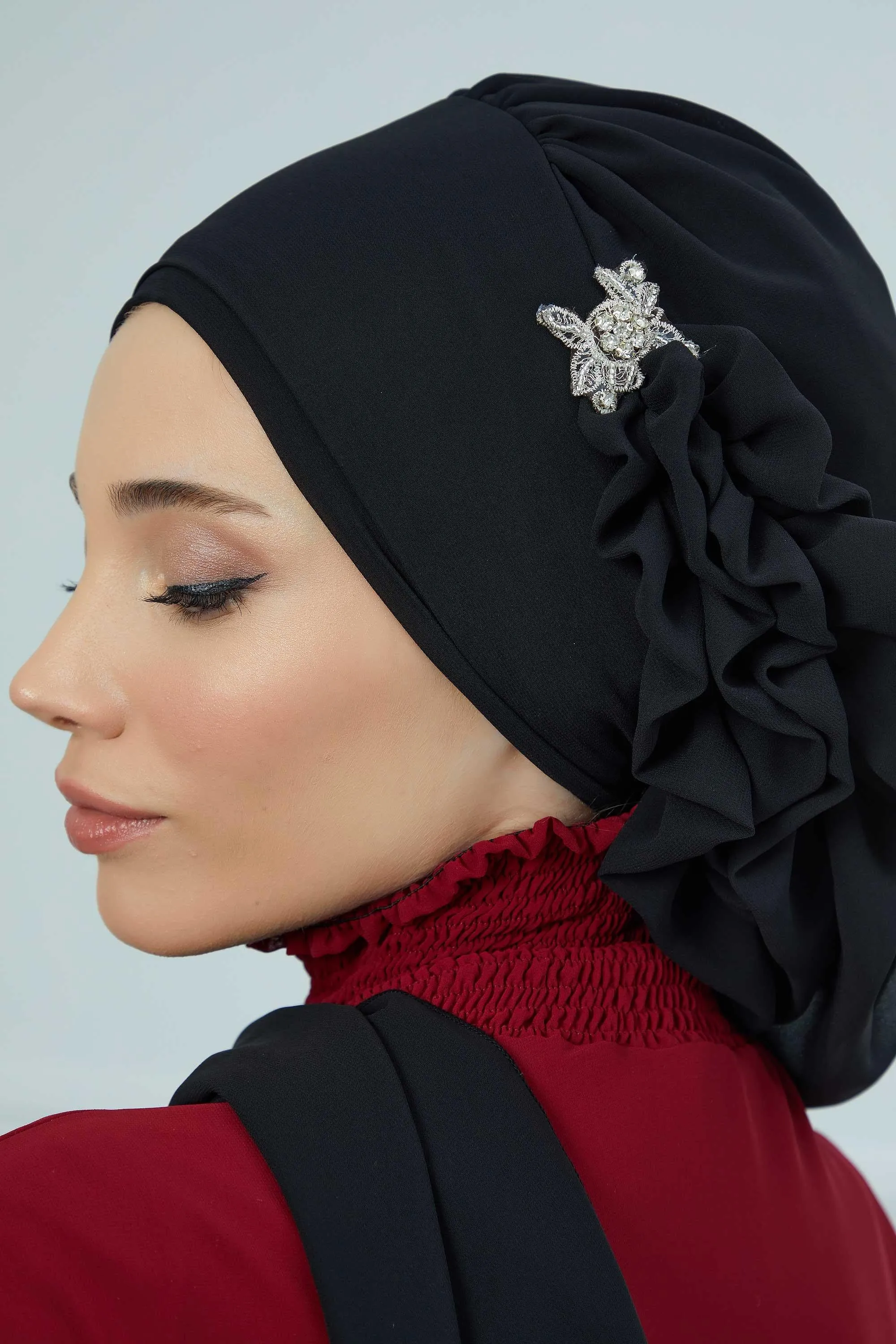 Side Frilled Instant Turban Cotton Scarf Head Turbans with Unique Jewellery Stone Accessory For Women Headwear Stylish Elegant Design,HT-106