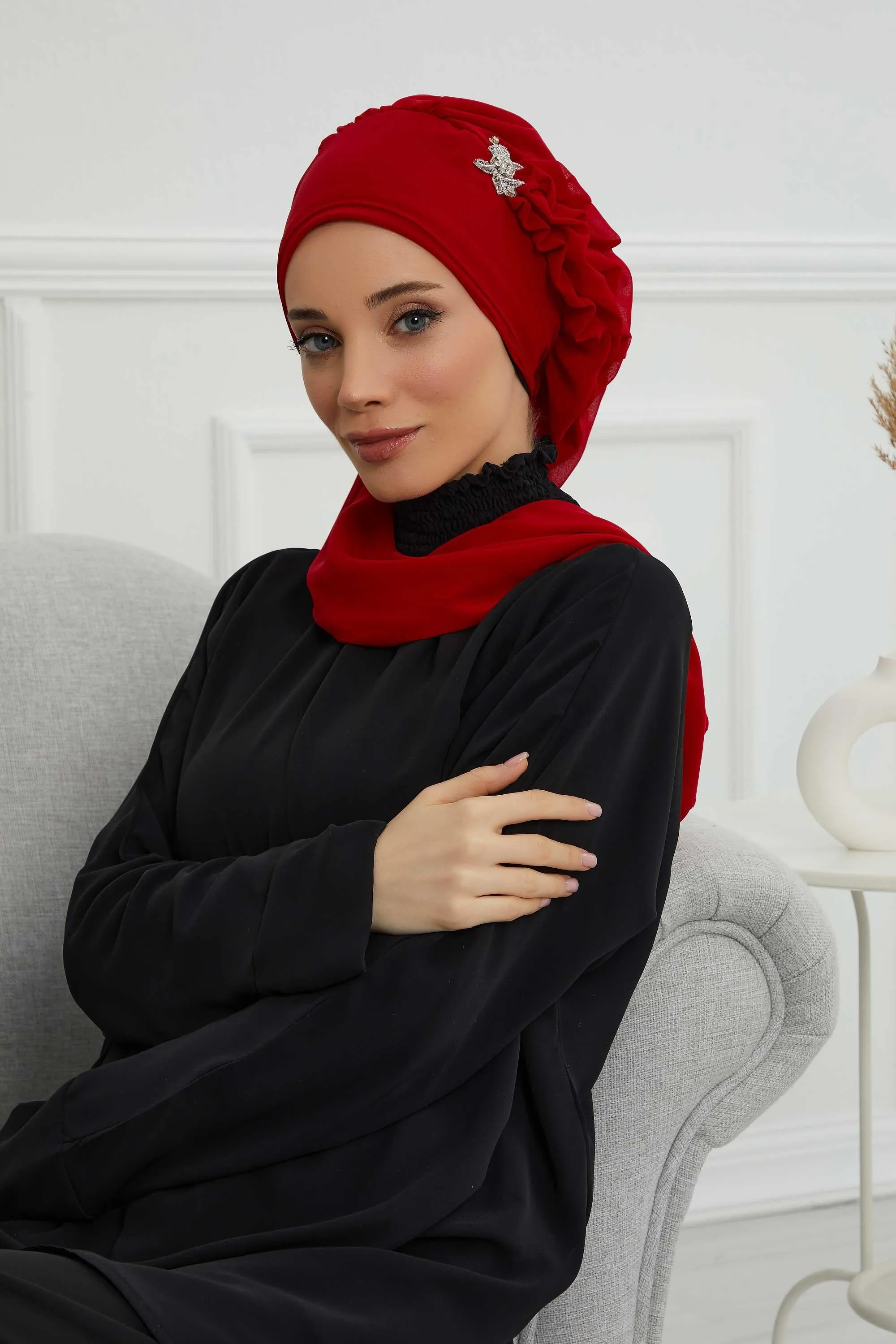 Side Frilled Instant Turban Cotton Scarf Head Turbans with Unique Jewellery Stone Accessory For Women Headwear Stylish Elegant Design,HT-106