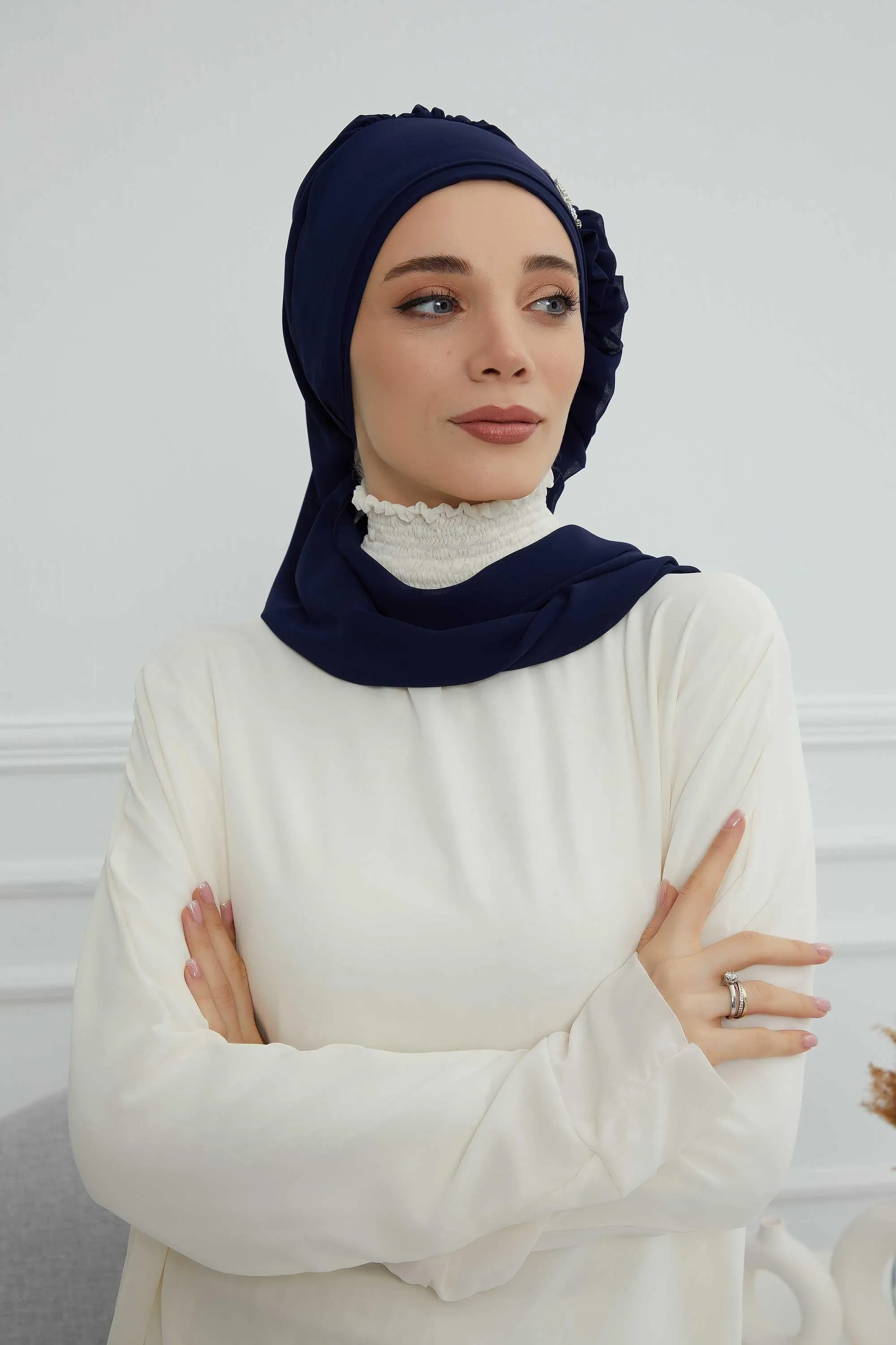 Side Frilled Instant Turban Cotton Scarf Head Turbans with Unique Jewellery Stone Accessory For Women Headwear Stylish Elegant Design,HT-106