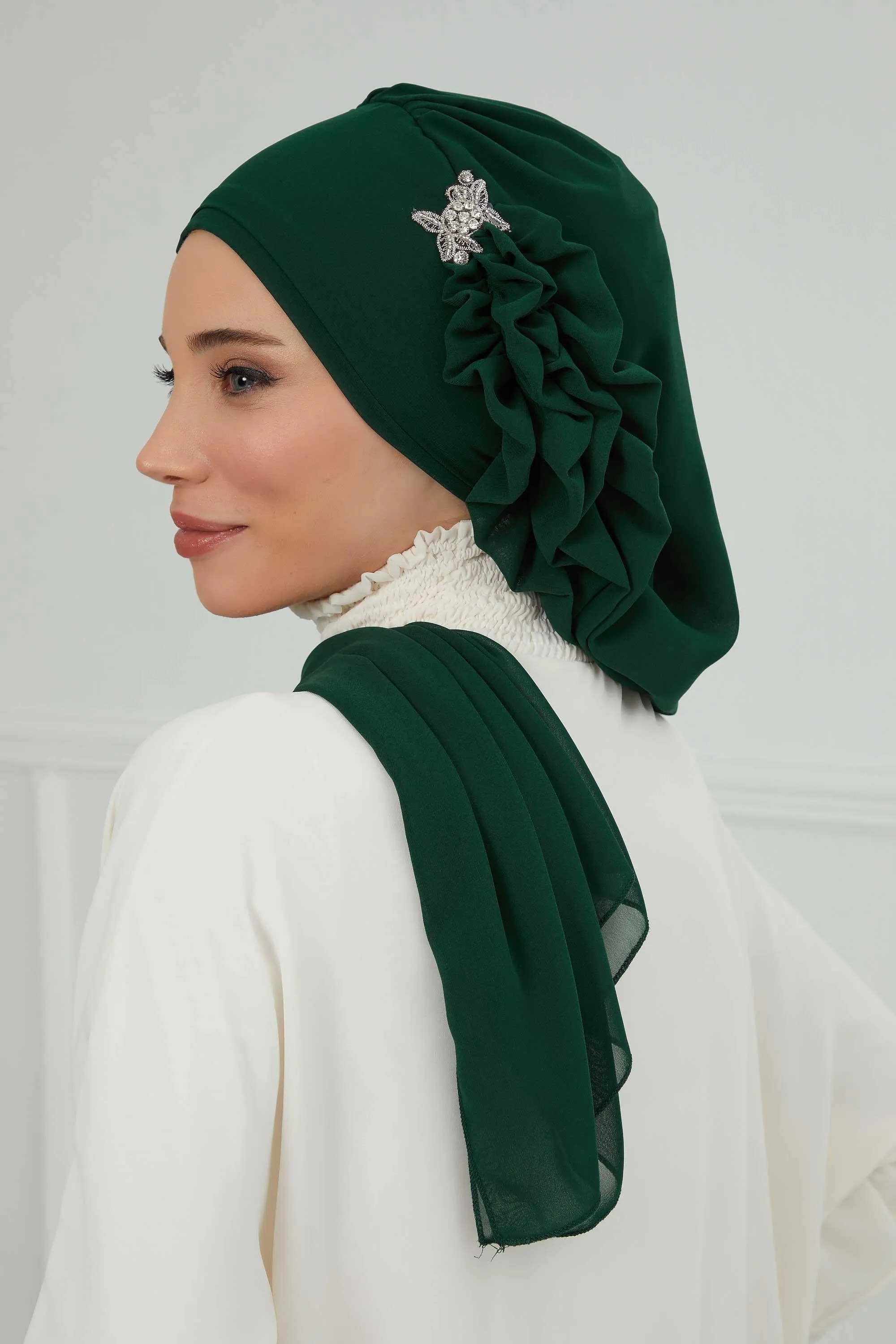 Side Frilled Instant Turban Cotton Scarf Head Turbans with Unique Jewellery Stone Accessory For Women Headwear Stylish Elegant Design,HT-106