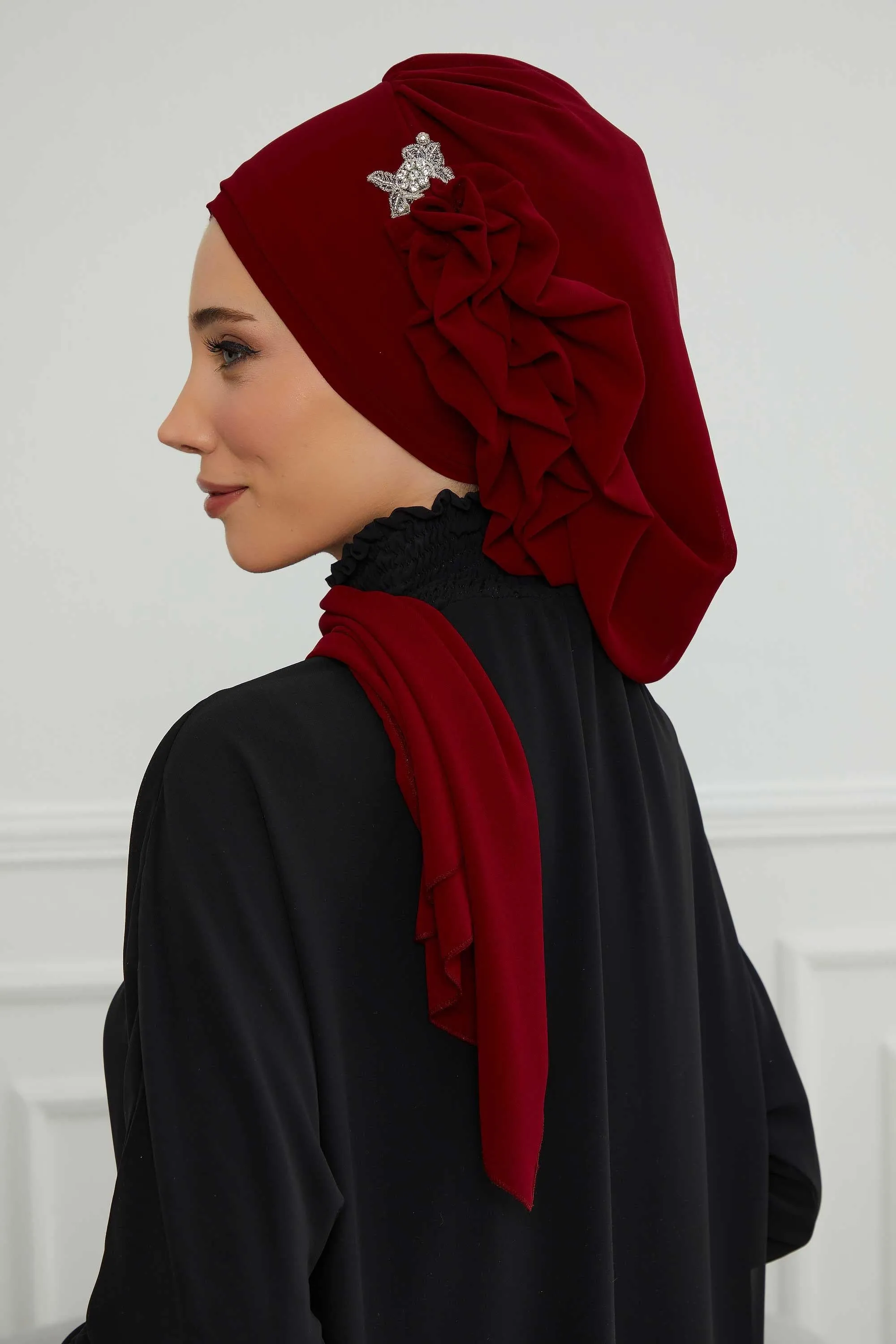 Side Frilled Instant Turban Cotton Scarf Head Turbans with Unique Jewellery Stone Accessory For Women Headwear Stylish Elegant Design,HT-106