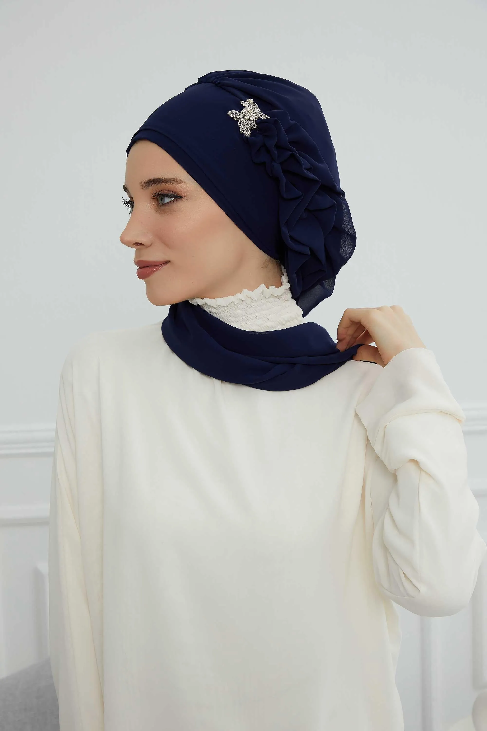 Side Frilled Instant Turban Cotton Scarf Head Turbans with Unique Jewellery Stone Accessory For Women Headwear Stylish Elegant Design,HT-106