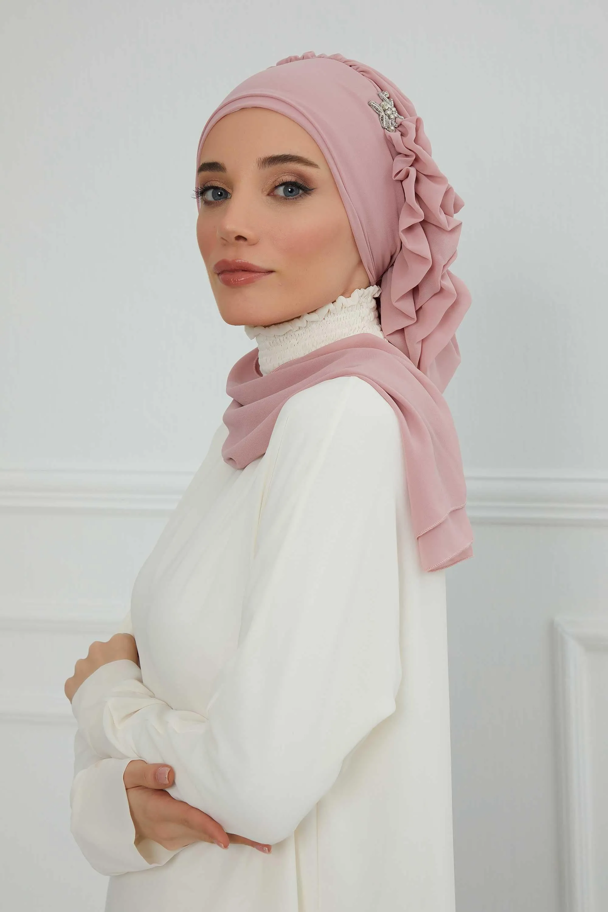 Side Frilled Instant Turban Cotton Scarf Head Turbans with Unique Jewellery Stone Accessory For Women Headwear Stylish Elegant Design,HT-106