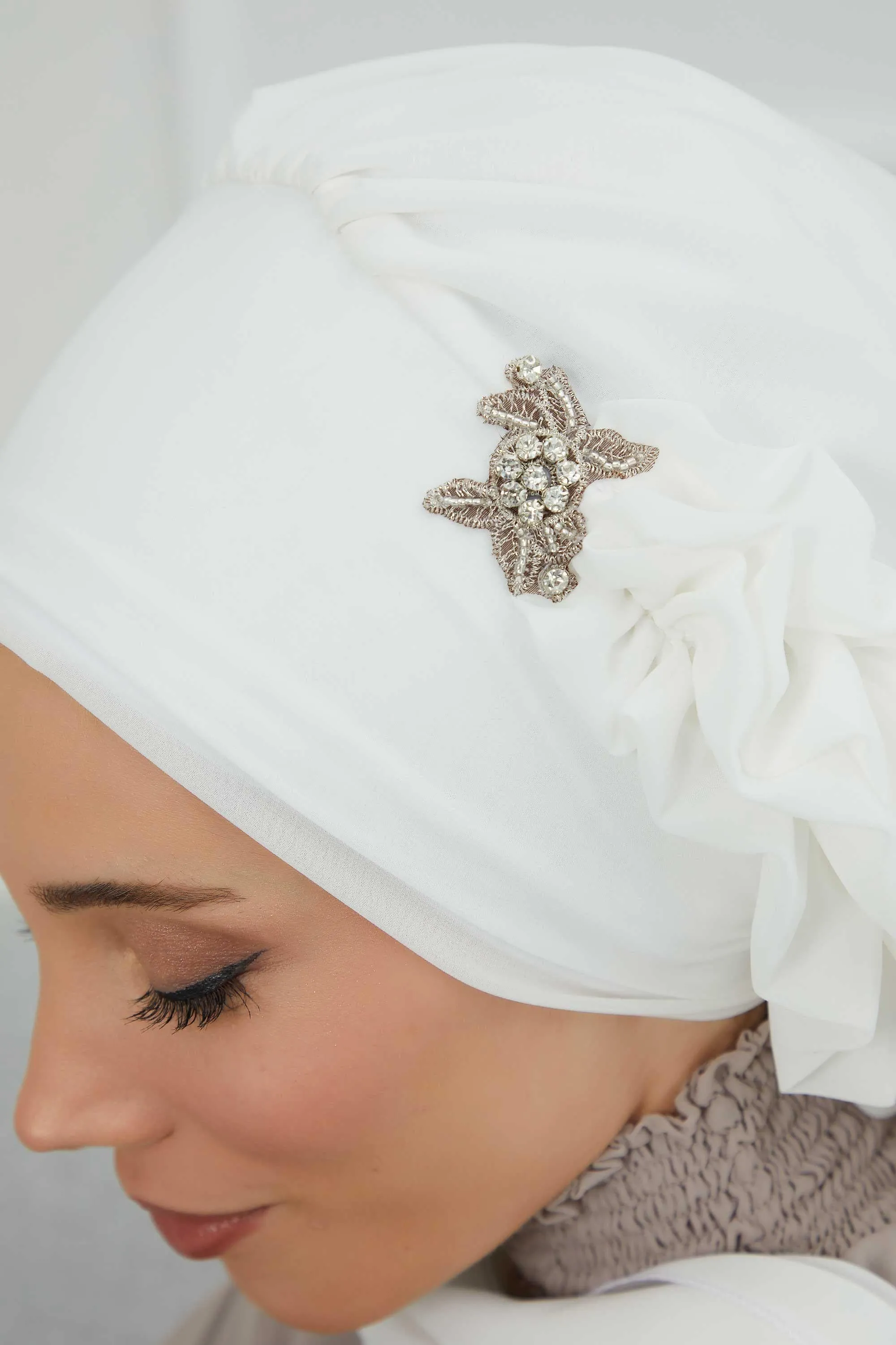 Side Frilled Instant Turban Cotton Scarf Head Turbans with Unique Jewellery Stone Accessory For Women Headwear Stylish Elegant Design,HT-106