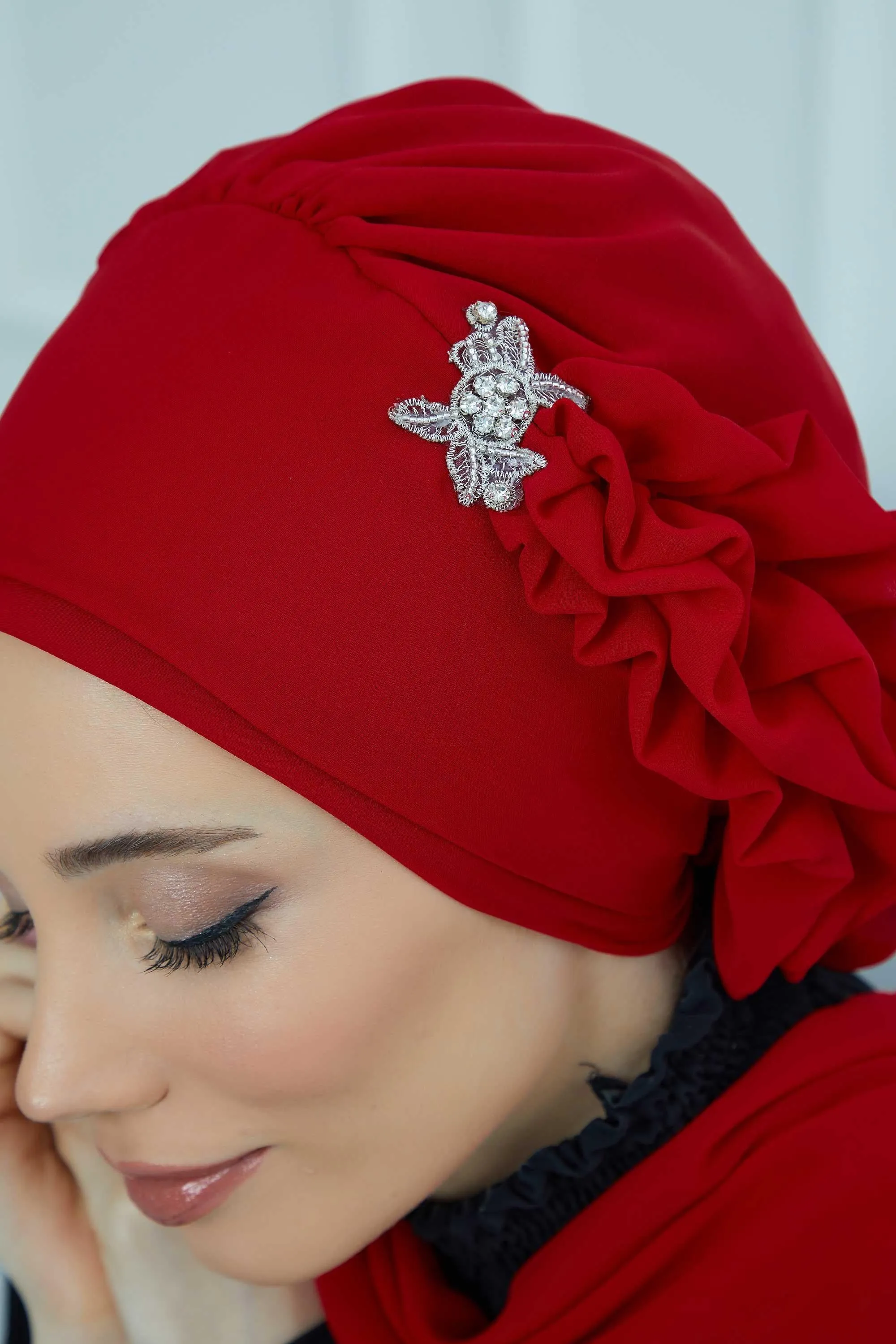 Side Frilled Instant Turban Cotton Scarf Head Turbans with Unique Jewellery Stone Accessory For Women Headwear Stylish Elegant Design,HT-106