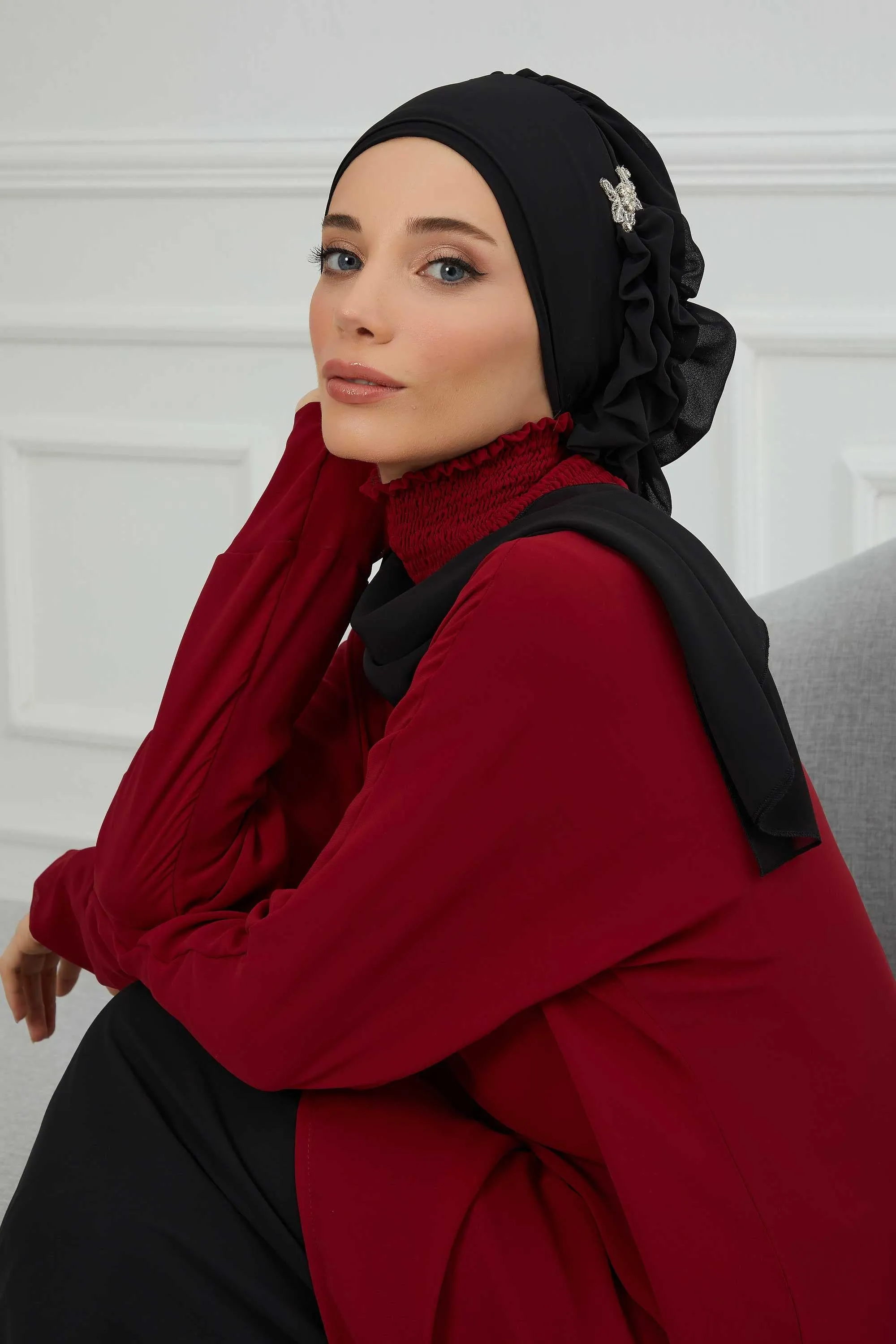 Side Frilled Instant Turban Cotton Scarf Head Turbans with Unique Jewellery Stone Accessory For Women Headwear Stylish Elegant Design,HT-106