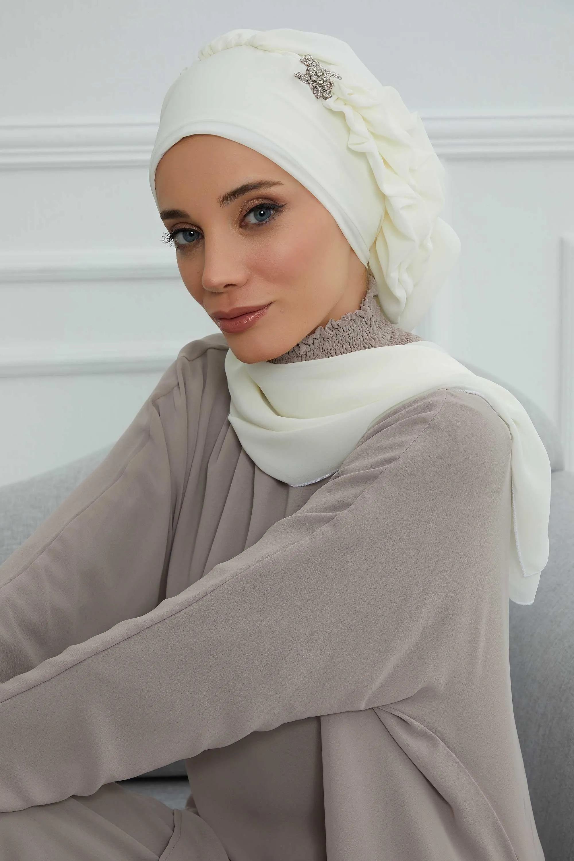 Side Frilled Instant Turban Cotton Scarf Head Turbans with Unique Jewellery Stone Accessory For Women Headwear Stylish Elegant Design,HT-106
