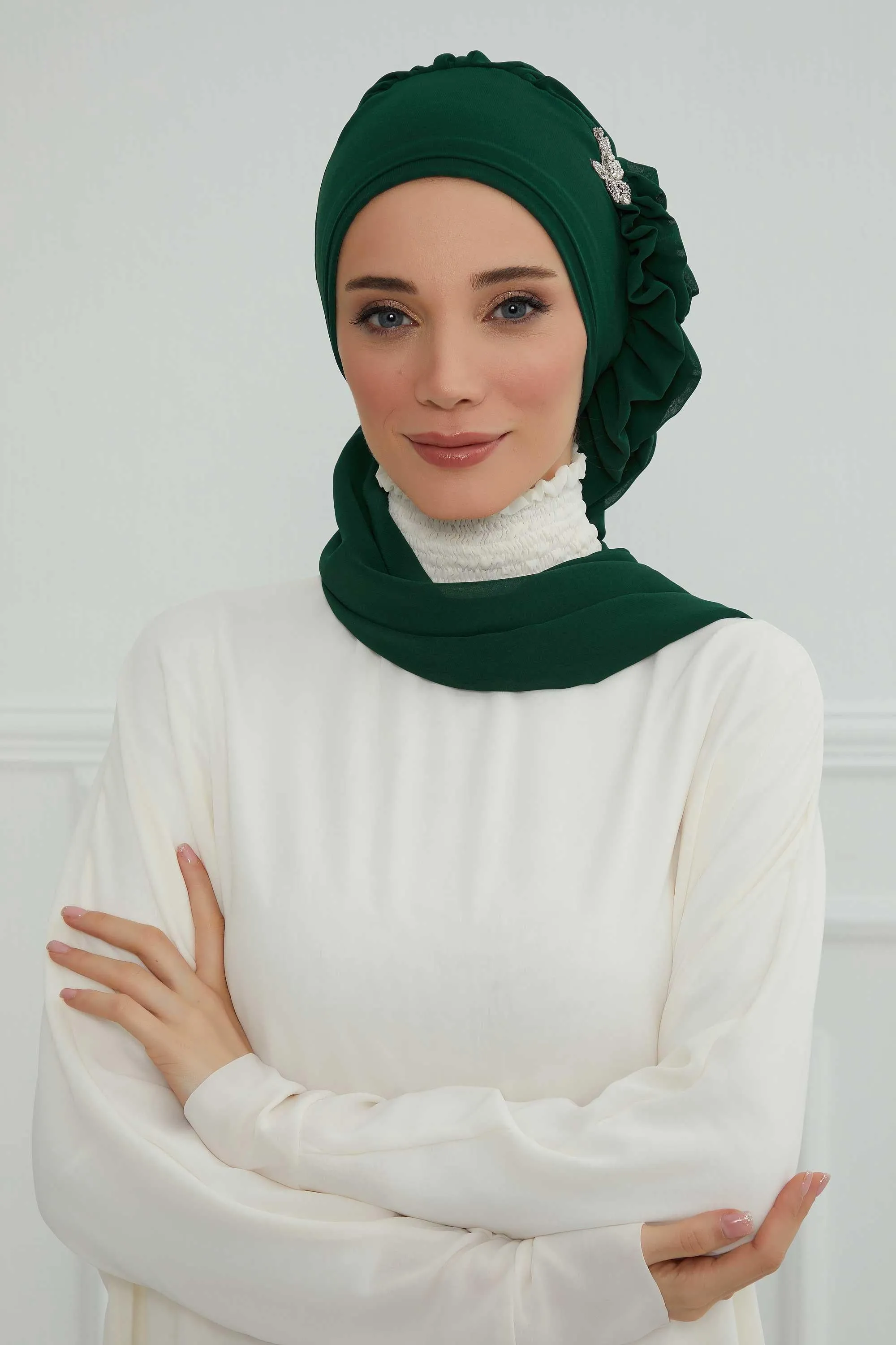 Side Frilled Instant Turban Cotton Scarf Head Turbans with Unique Jewellery Stone Accessory For Women Headwear Stylish Elegant Design,HT-106