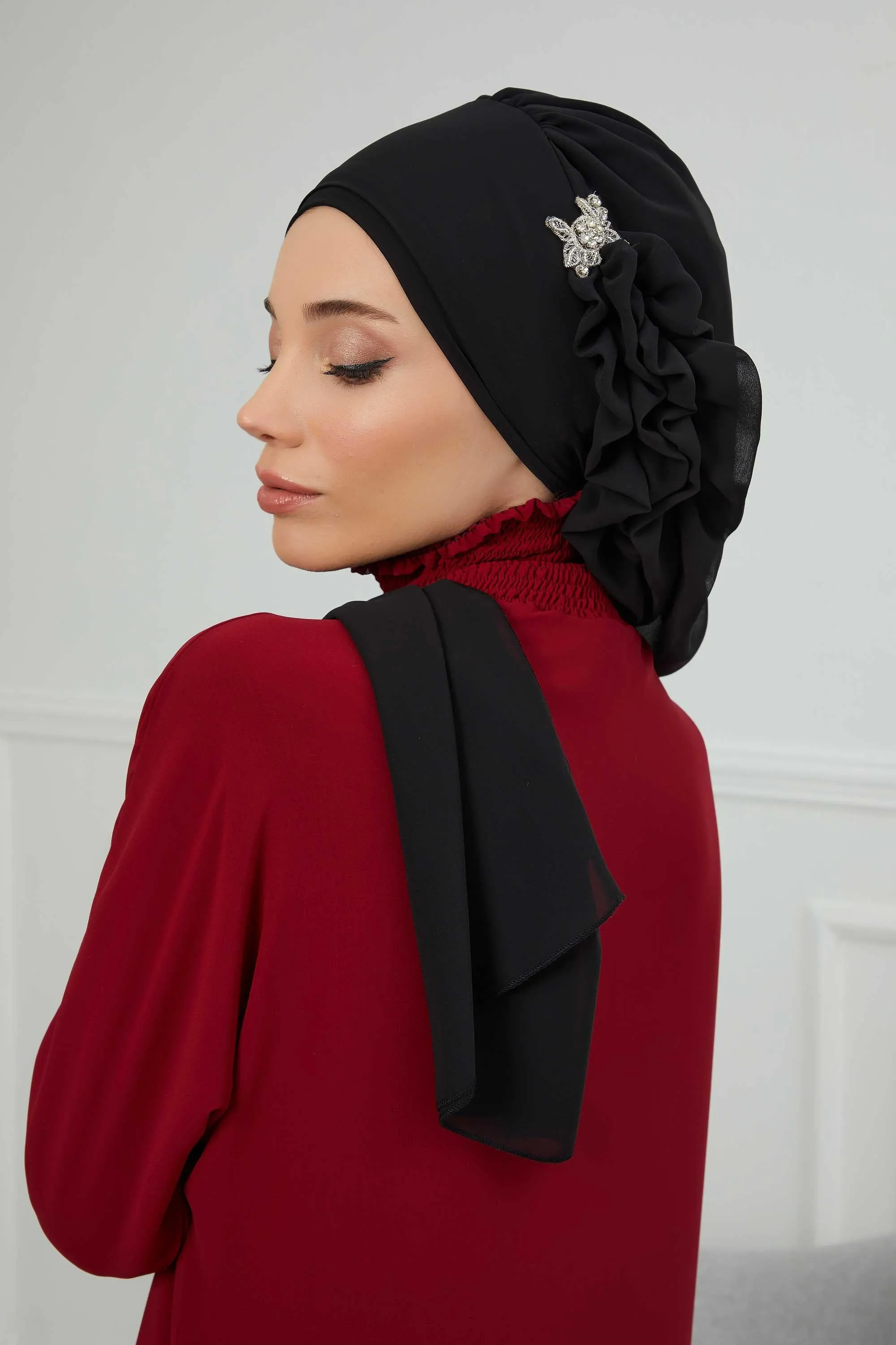 Side Frilled Instant Turban Cotton Scarf Head Turbans with Unique Jewellery Stone Accessory For Women Headwear Stylish Elegant Design,HT-106